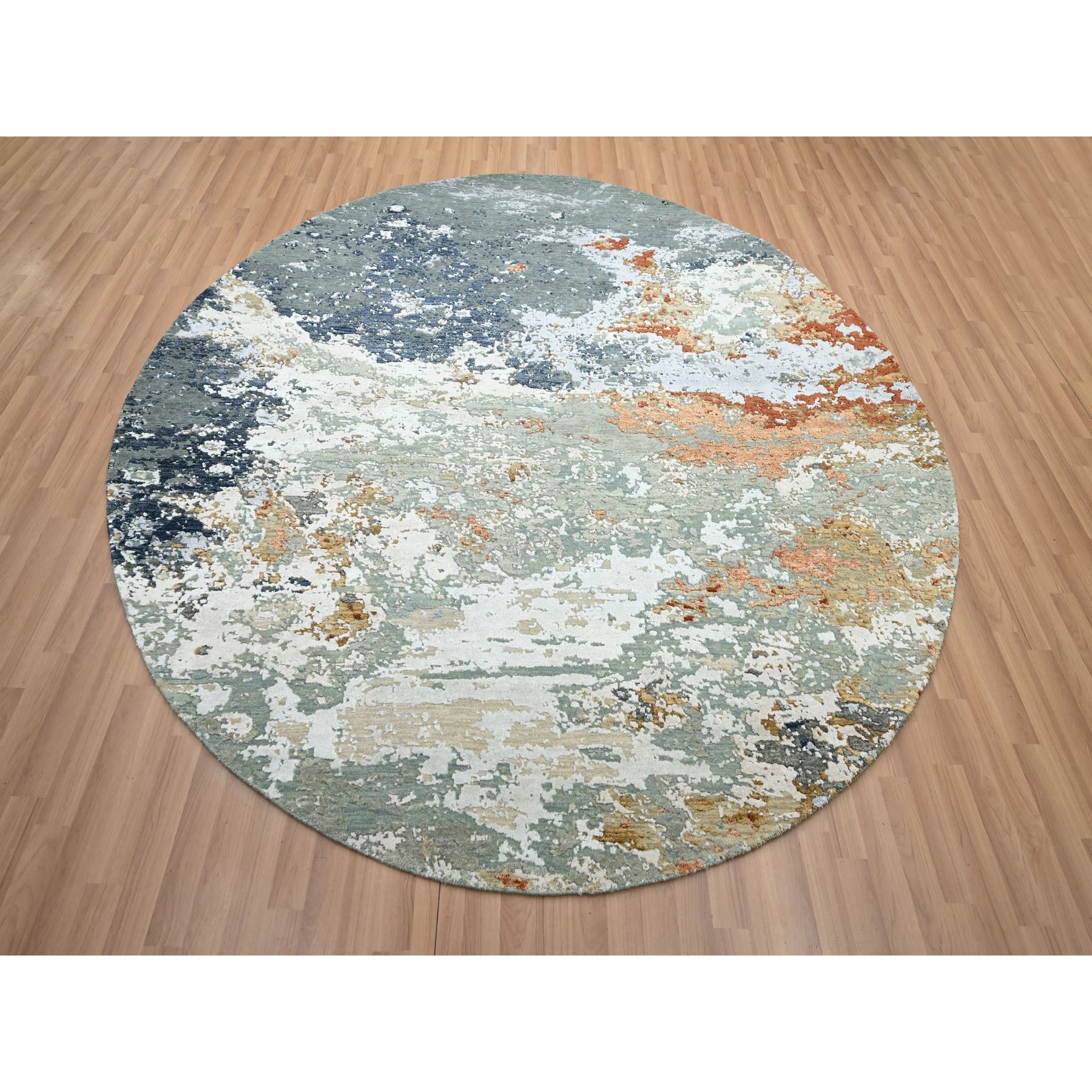 8'x8' Shades of Gray with Peach, Persian Knot, Abstract with Galaxy Design, Pure Wool, Hand Knotted, Densely Woven, Round, Oriental Rug Sh83155