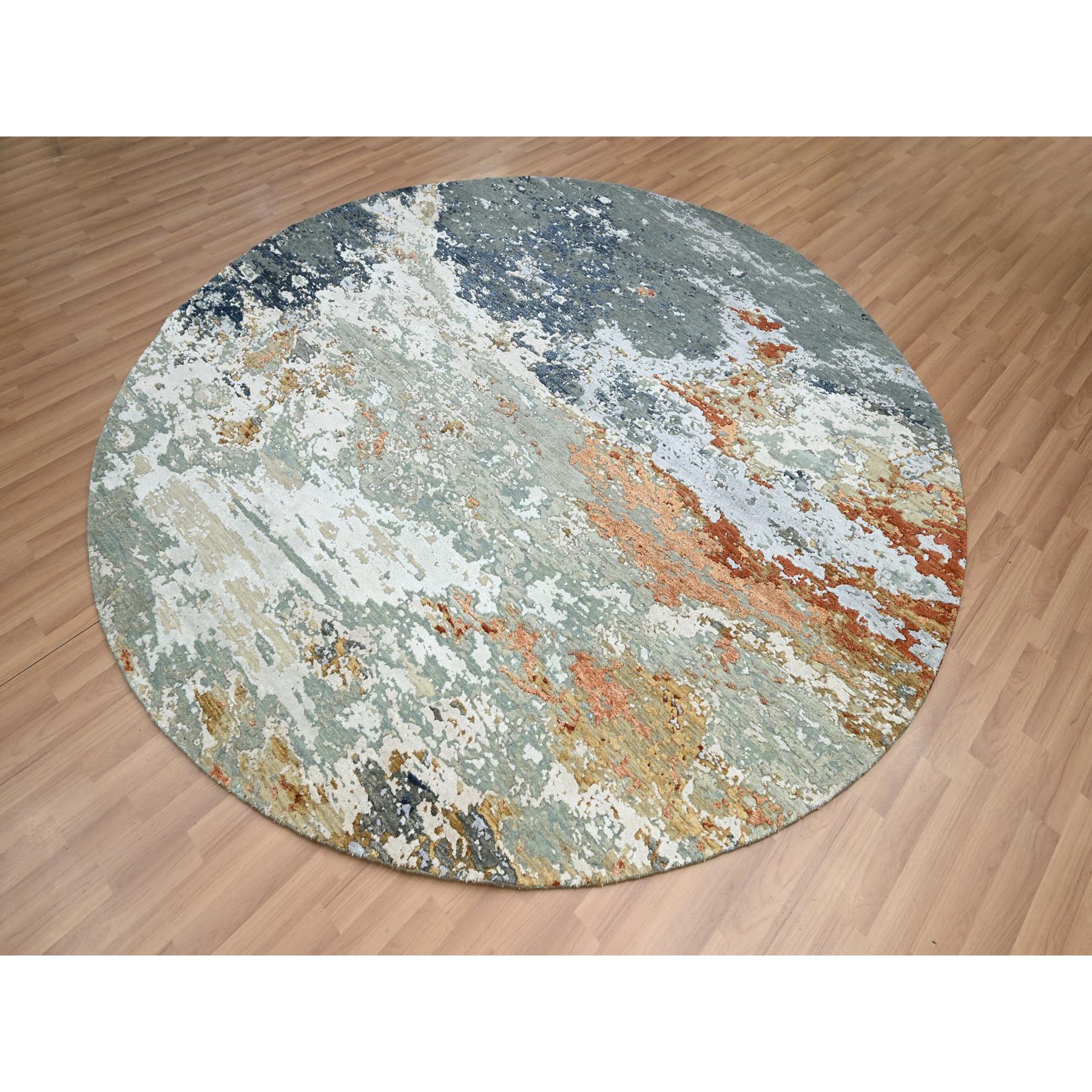 8'x8' Shades of Gray with Peach, Persian Knot, Abstract with Galaxy Design, Pure Wool, Hand Knotted, Densely Woven, Round, Oriental Rug Sh83155