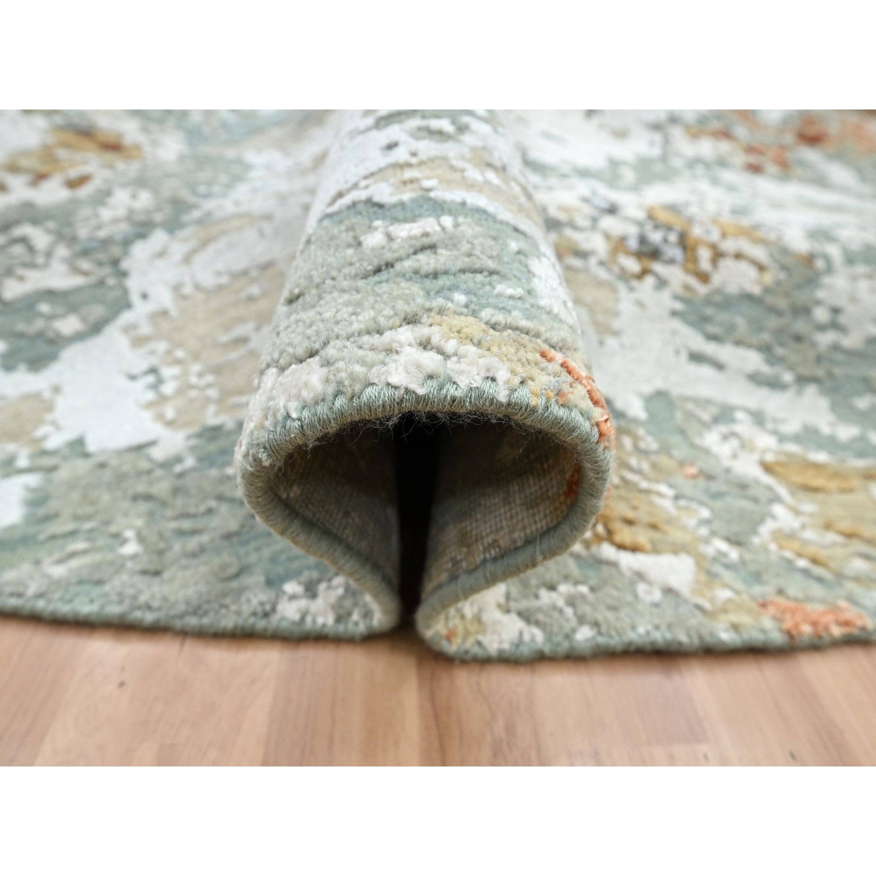 8'x8' Shades of Gray with Peach, Persian Knot, Abstract with Galaxy Design, Pure Wool, Hand Knotted, Densely Woven, Round, Oriental Rug Sh83155
