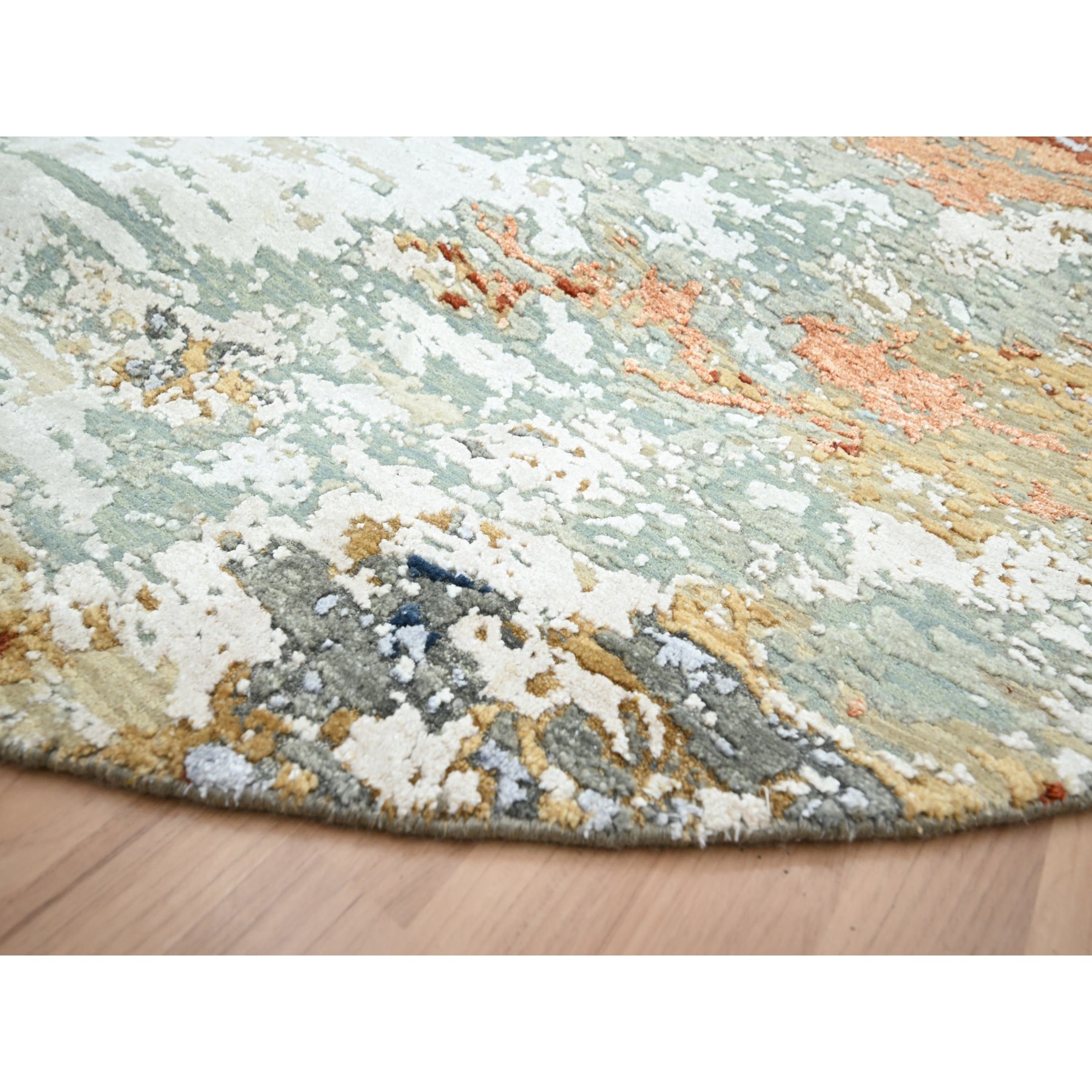 8'x8' Shades of Gray with Peach, Persian Knot, Abstract with Galaxy Design, Pure Wool, Hand Knotted, Densely Woven, Round, Oriental Rug Sh83155