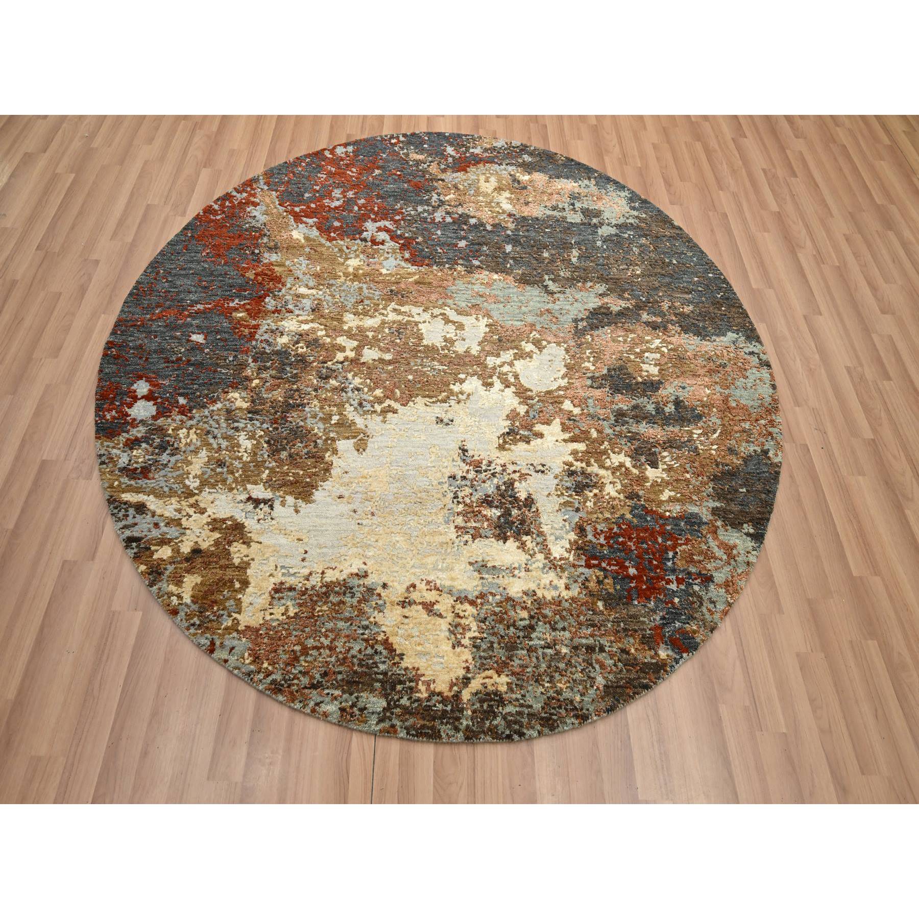 6'2"x6'2" Charcoal Gray with Brown, Persian Knot, Abstract with Galaxy Design, 100% Wool, Hand Knotted, Densely Woven, Round, Oriental Rug Sh83156