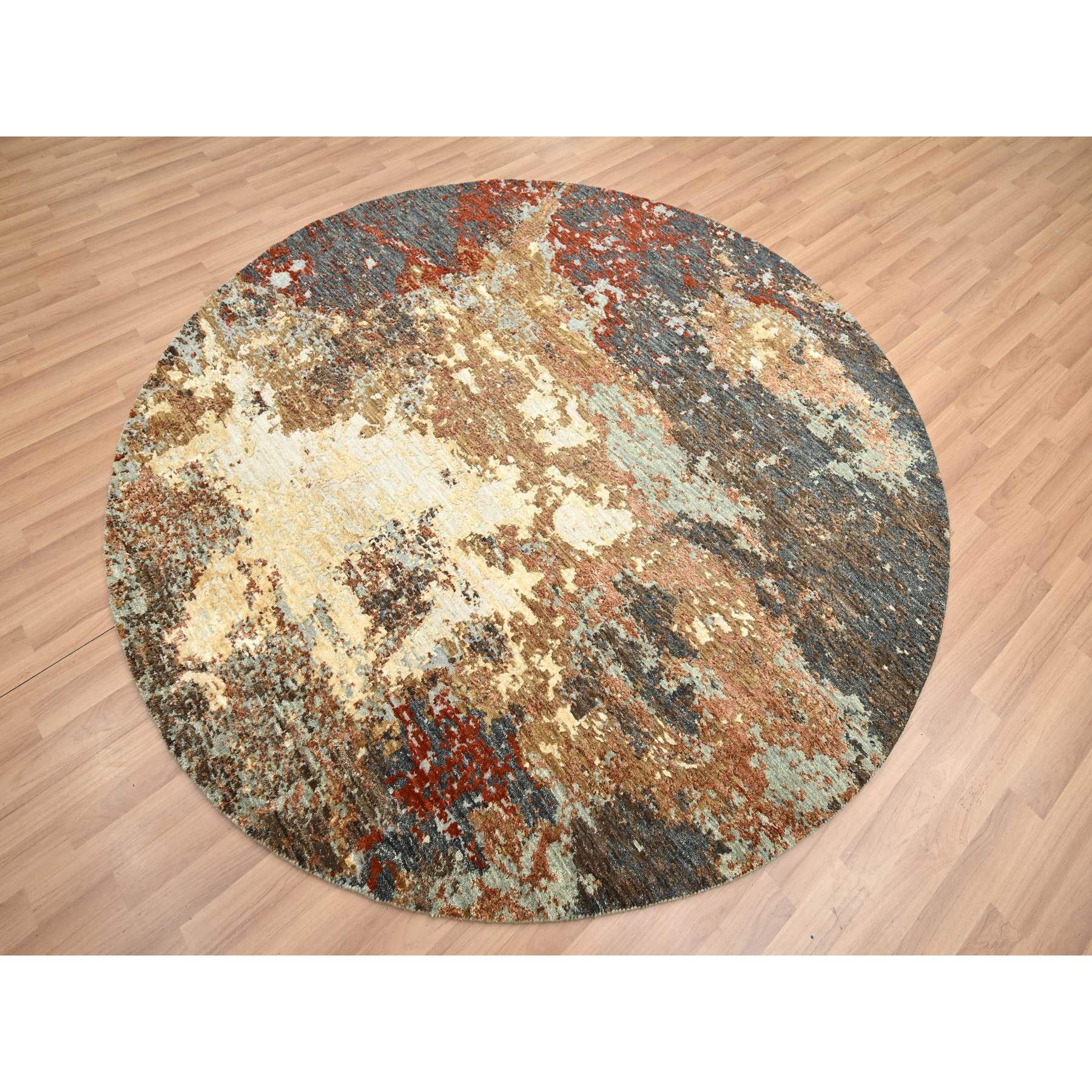 6'2"x6'2" Charcoal Gray with Brown, Persian Knot, Abstract with Galaxy Design, 100% Wool, Hand Knotted, Densely Woven, Round, Oriental Rug Sh83156