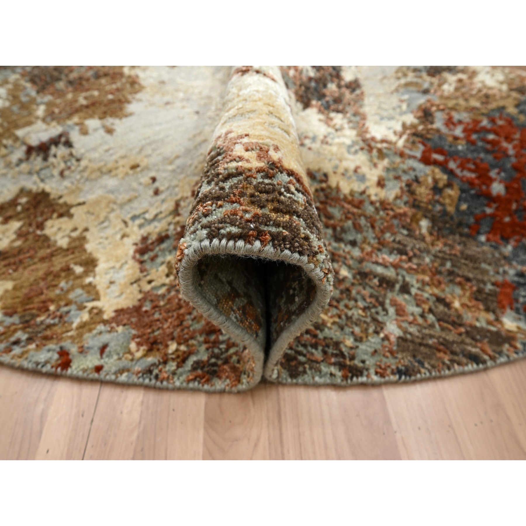 6'2"x6'2" Charcoal Gray with Brown, Persian Knot, Abstract with Galaxy Design, 100% Wool, Hand Knotted, Densely Woven, Round, Oriental Rug Sh83156