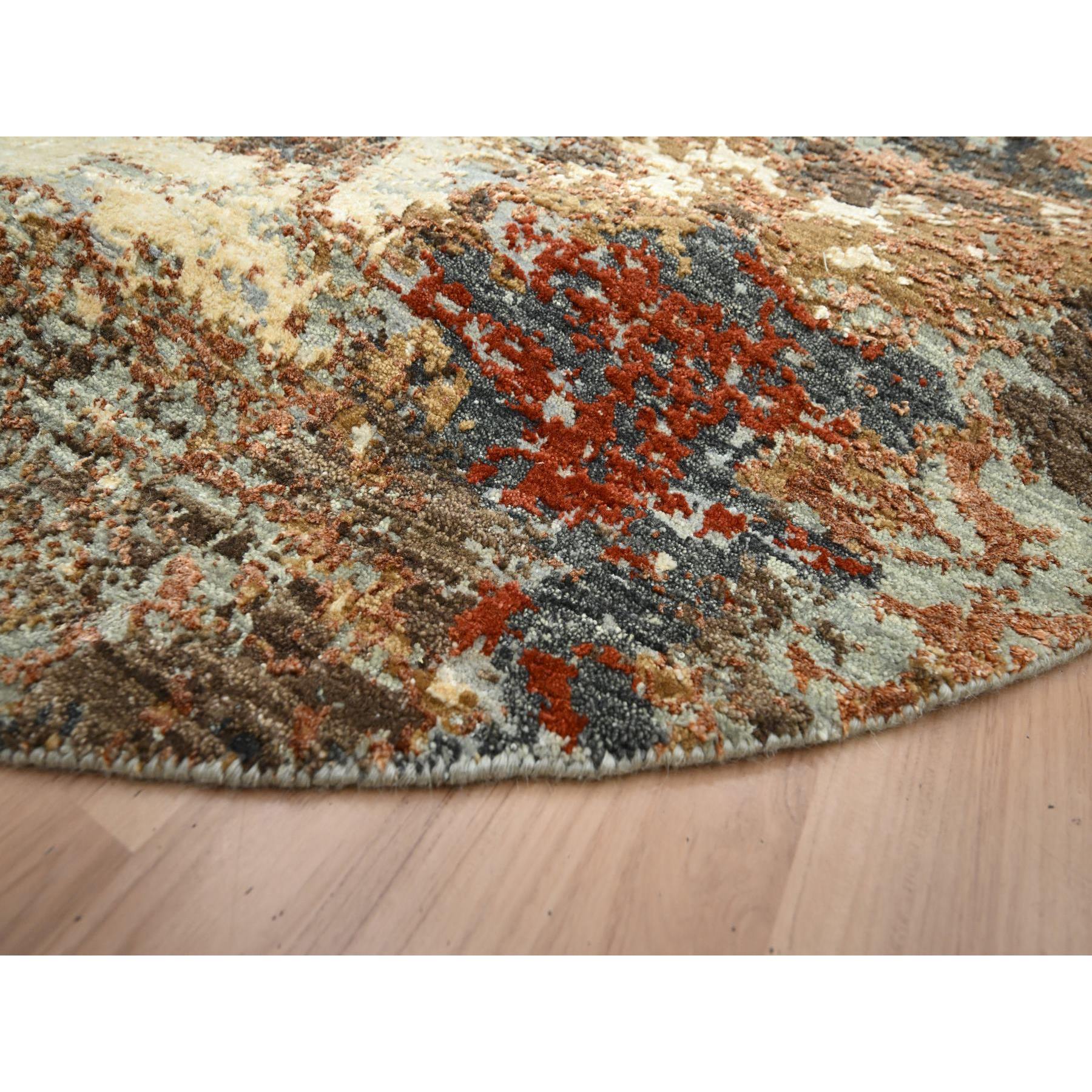 6'2"x6'2" Charcoal Gray with Brown, Persian Knot, Abstract with Galaxy Design, 100% Wool, Hand Knotted, Densely Woven, Round, Oriental Rug Sh83156