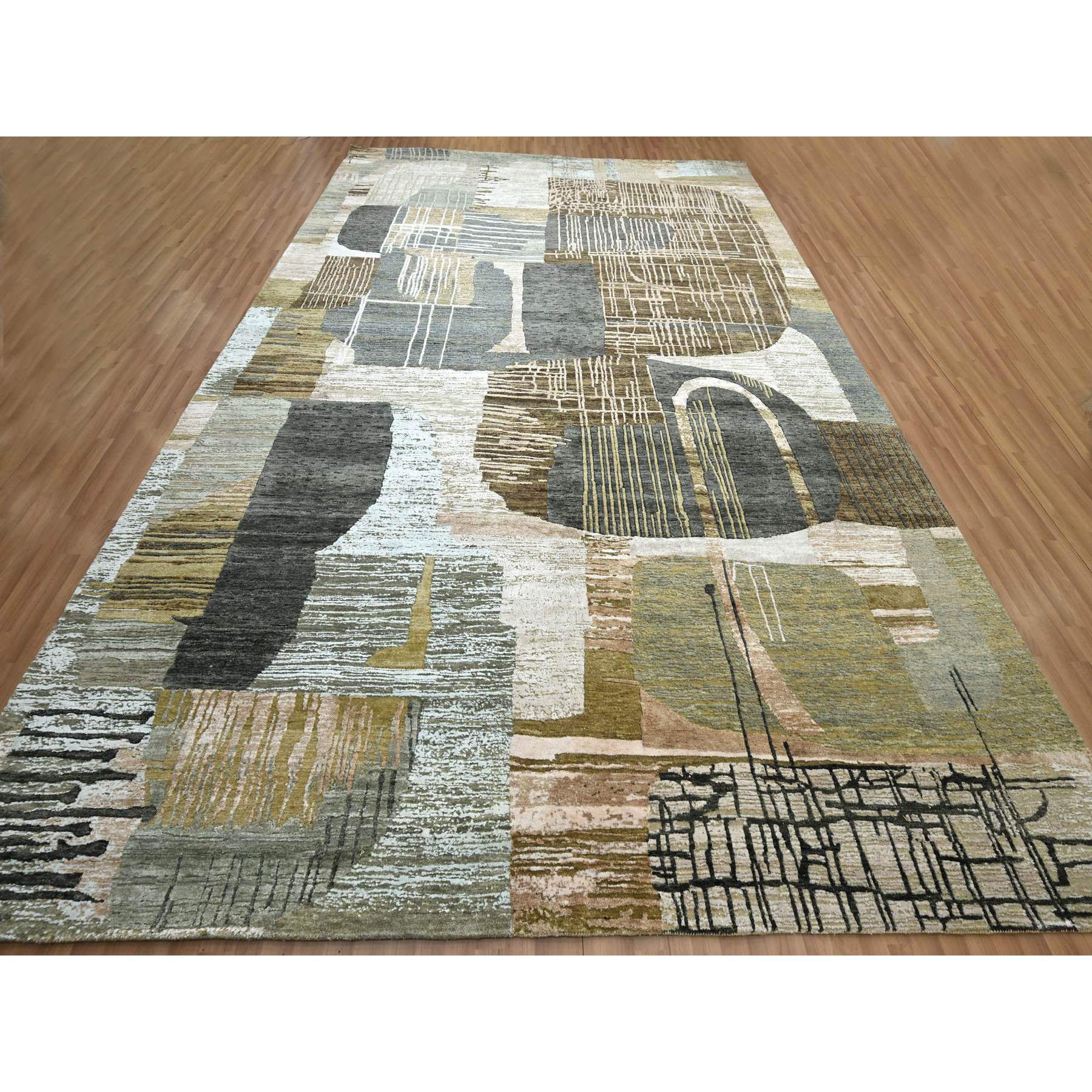 10'x14' Granite Gray with Brown, Hand Knotted, Persian Knot, Abstract Geometric Pattern, 100% Wool, Densely Woven, Oriental Rug Sh83159