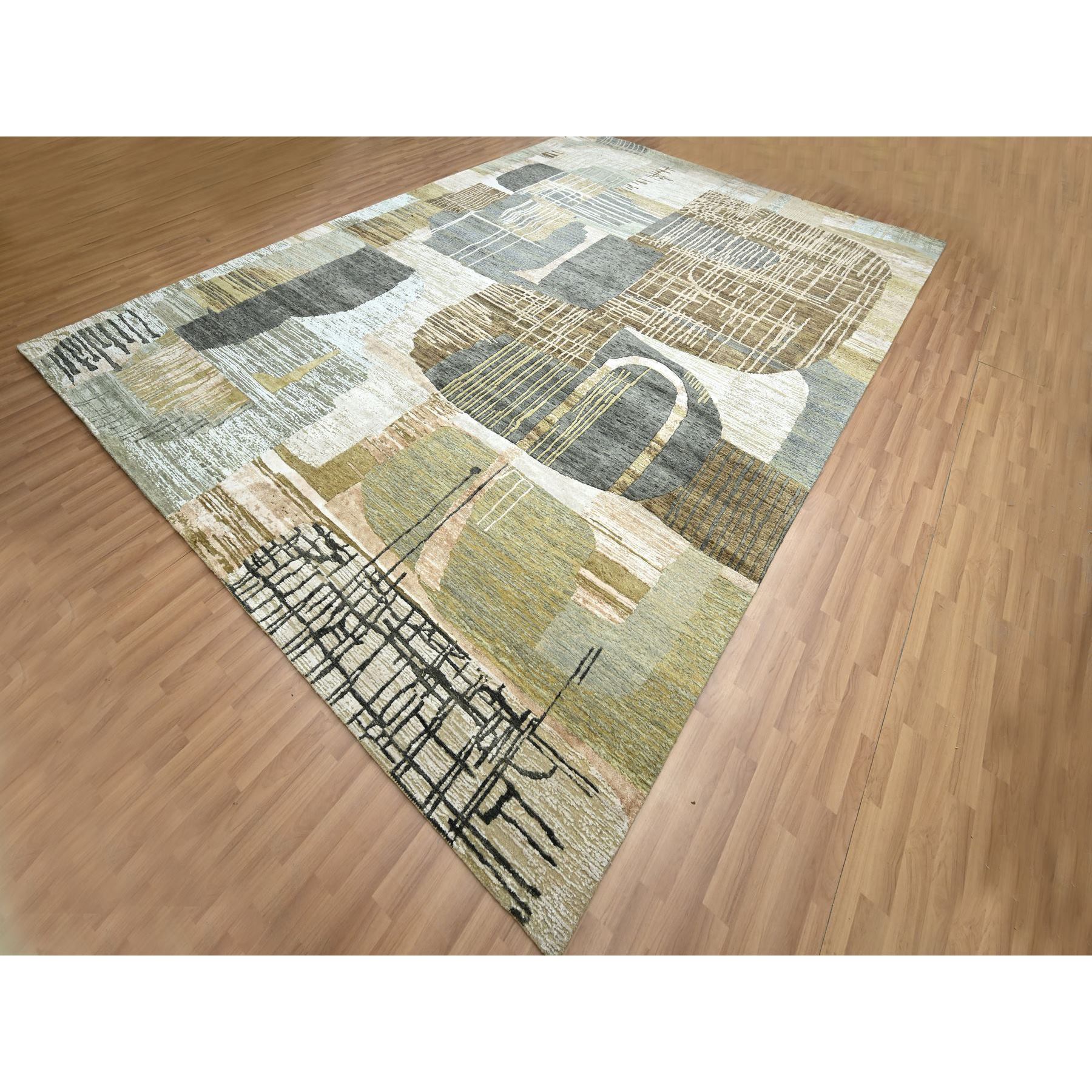 10'x14' Granite Gray with Brown, Hand Knotted, Persian Knot, Abstract Geometric Pattern, 100% Wool, Densely Woven, Oriental Rug Sh83159