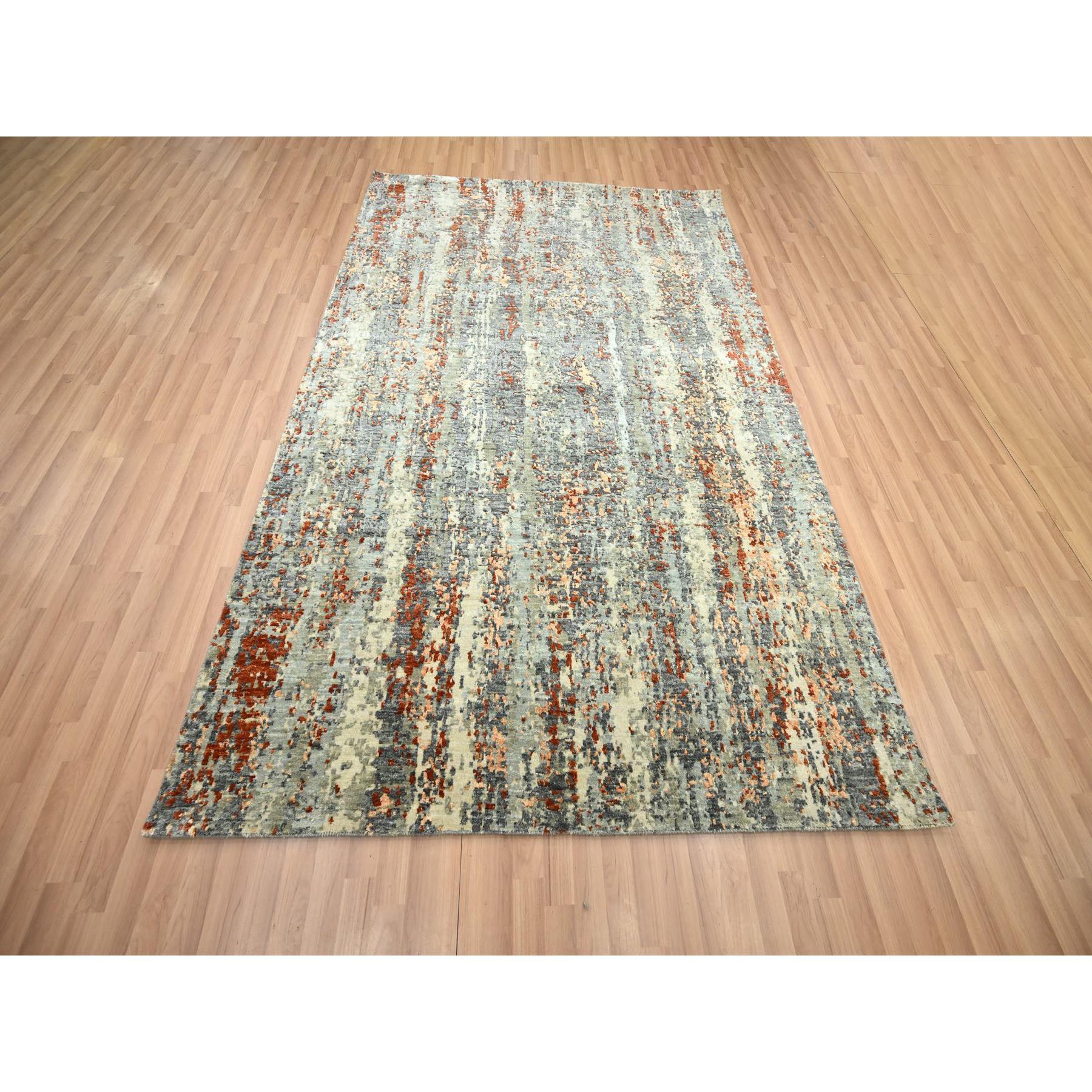 6'x8'6" Shades of Gray with Rust, Abstract with Galaxy Design, Persian Knot, Pure Wool, Hand Knotted, Densely Woven, Oriental Rug Sh83162