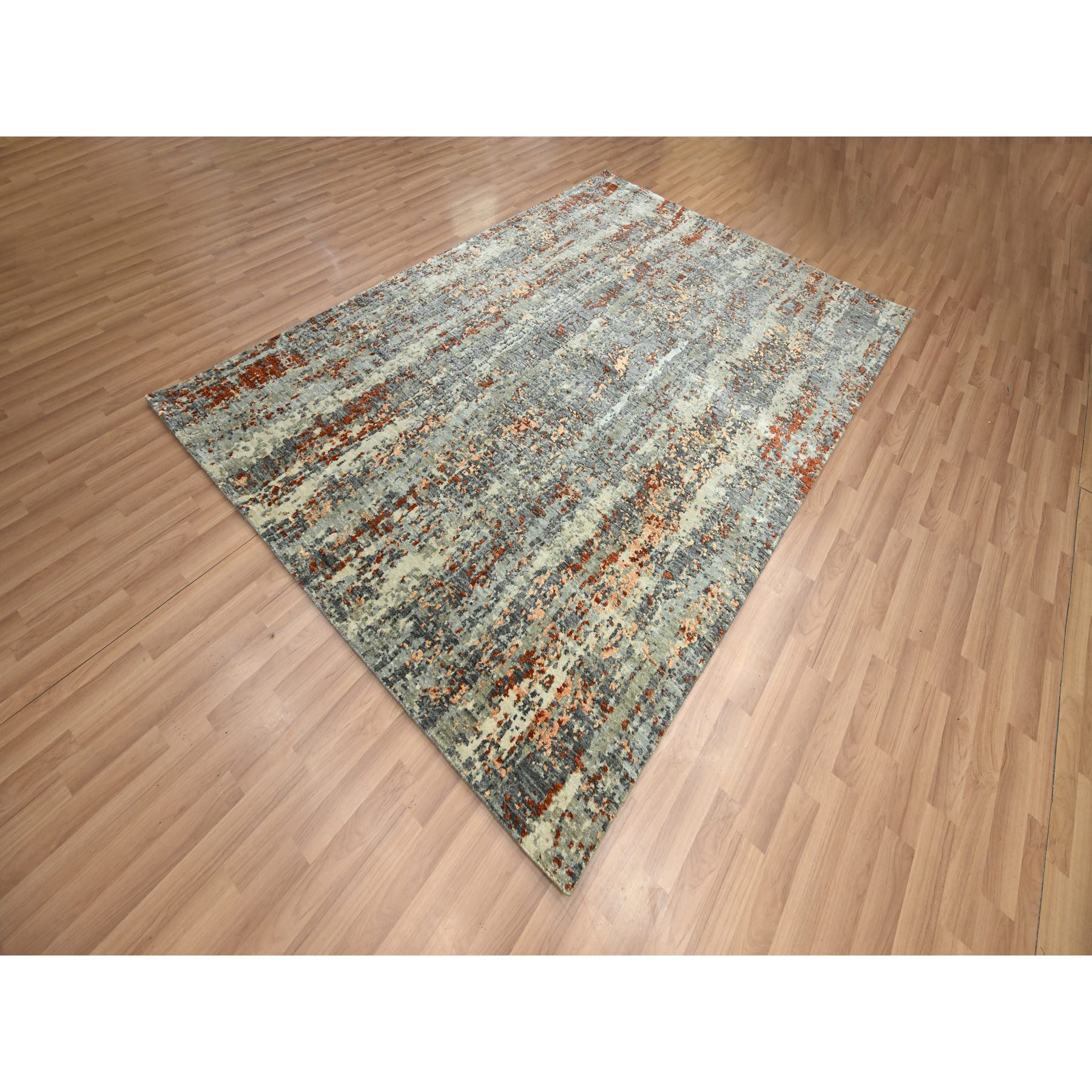 6'x8'6" Shades of Gray with Rust, Abstract with Galaxy Design, Persian Knot, Pure Wool, Hand Knotted, Densely Woven, Oriental Rug Sh83162