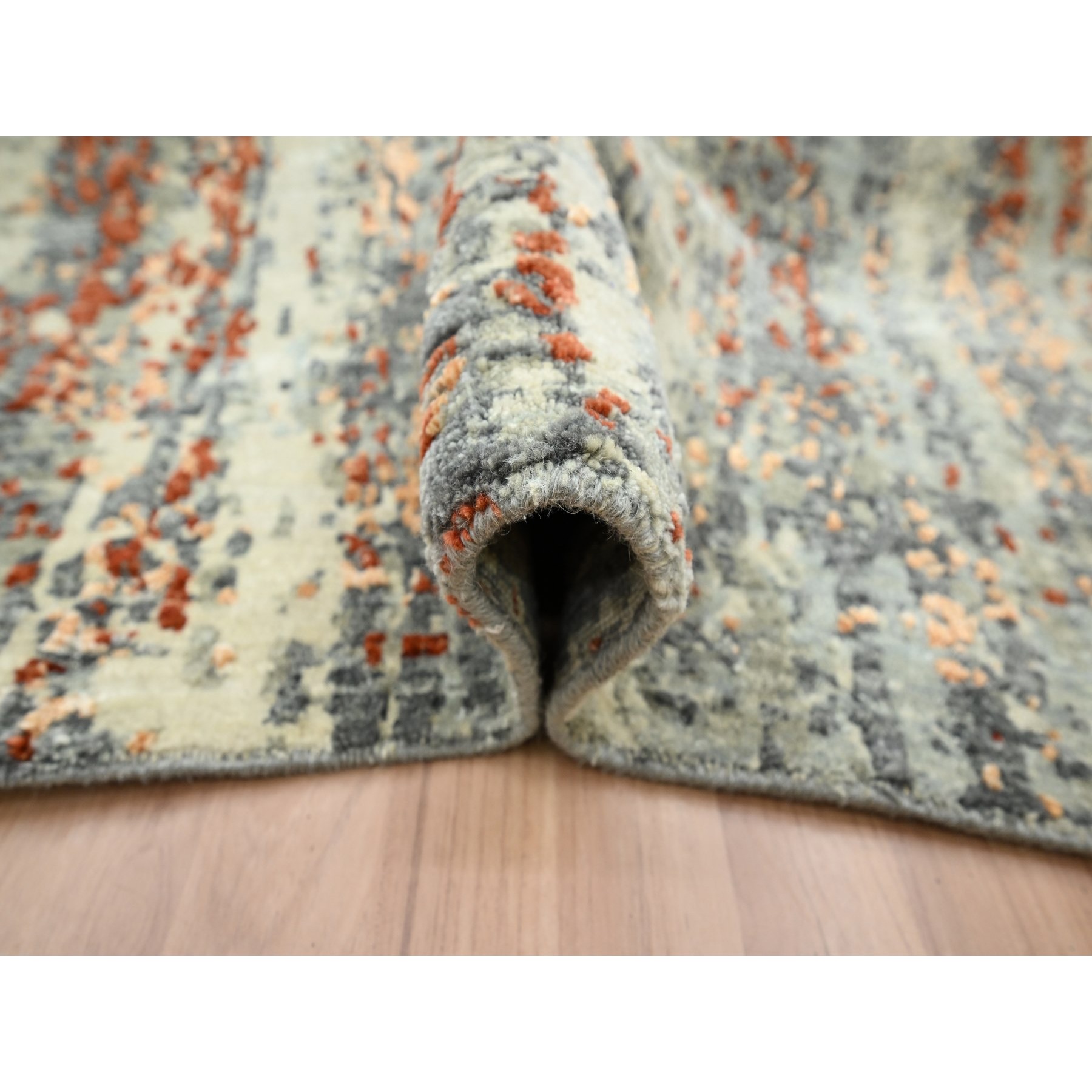 6'x8'6" Shades of Gray with Rust, Abstract with Galaxy Design, Persian Knot, Pure Wool, Hand Knotted, Densely Woven, Oriental Rug Sh83162