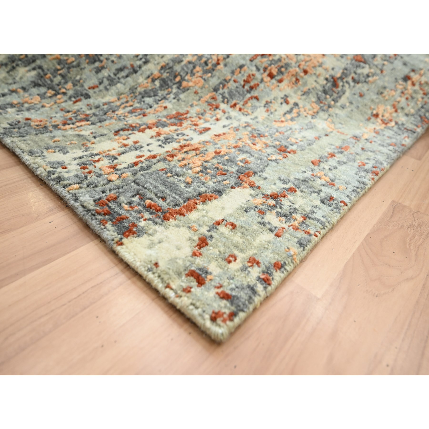 6'x8'6" Shades of Gray with Rust, Abstract with Galaxy Design, Persian Knot, Pure Wool, Hand Knotted, Densely Woven, Oriental Rug Sh83162