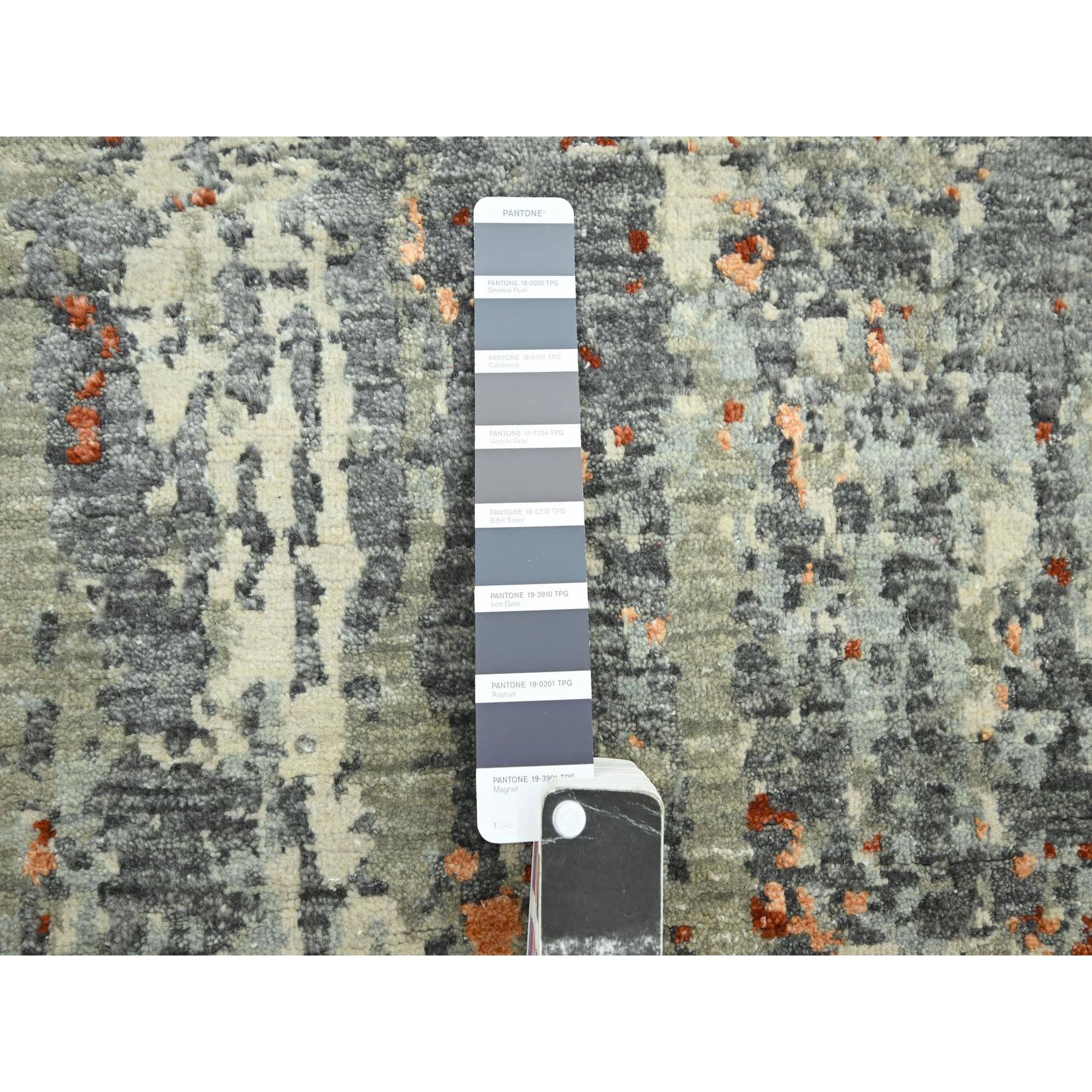 6'x8'6" Shades of Gray with Rust, Abstract with Galaxy Design, Persian Knot, Pure Wool, Hand Knotted, Densely Woven, Oriental Rug Sh83162