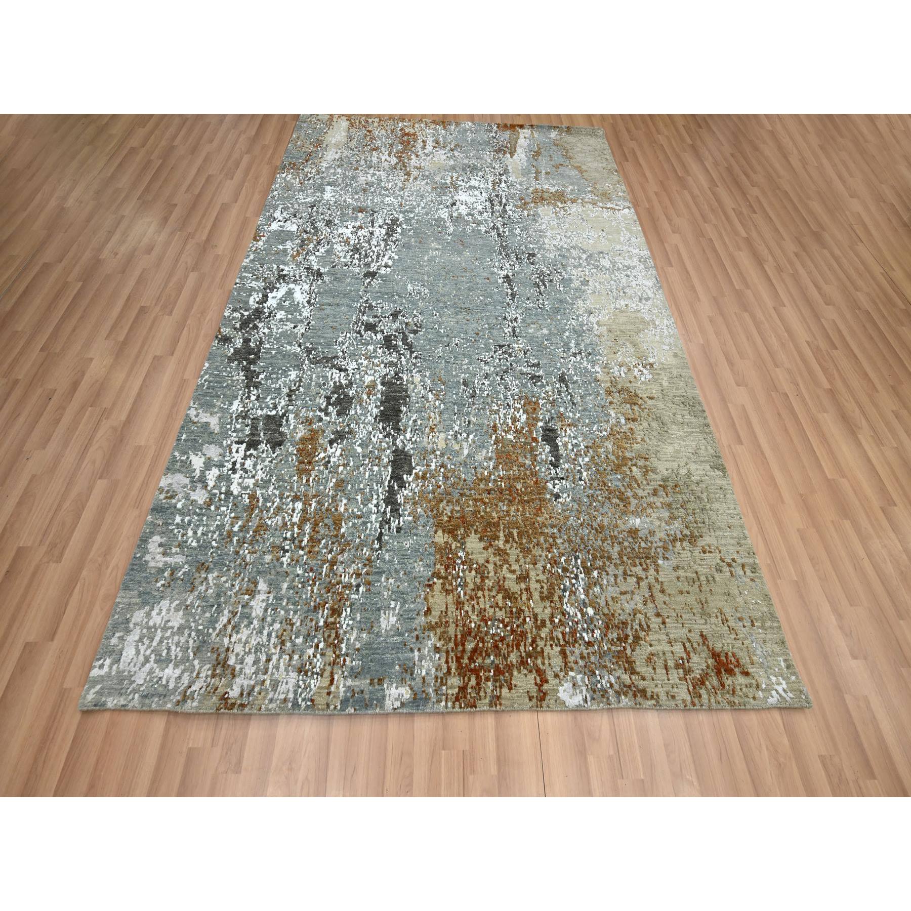 6'1"x9'1" Misty Gray with Brown, Persian Knot, Abstract with Galaxy Design, 100% Wool, Hand Knotted, Densely Woven, Oriental Rug Sh83163
