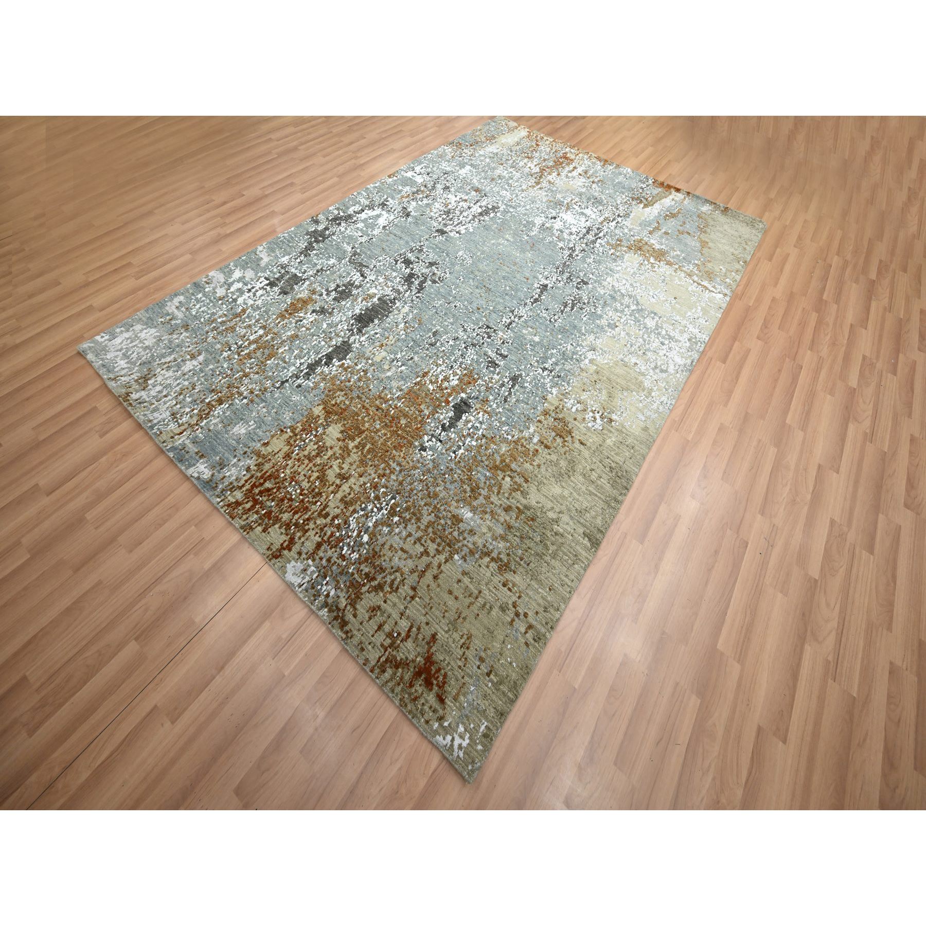6'1"x9'1" Misty Gray with Brown, Persian Knot, Abstract with Galaxy Design, 100% Wool, Hand Knotted, Densely Woven, Oriental Rug Sh83163