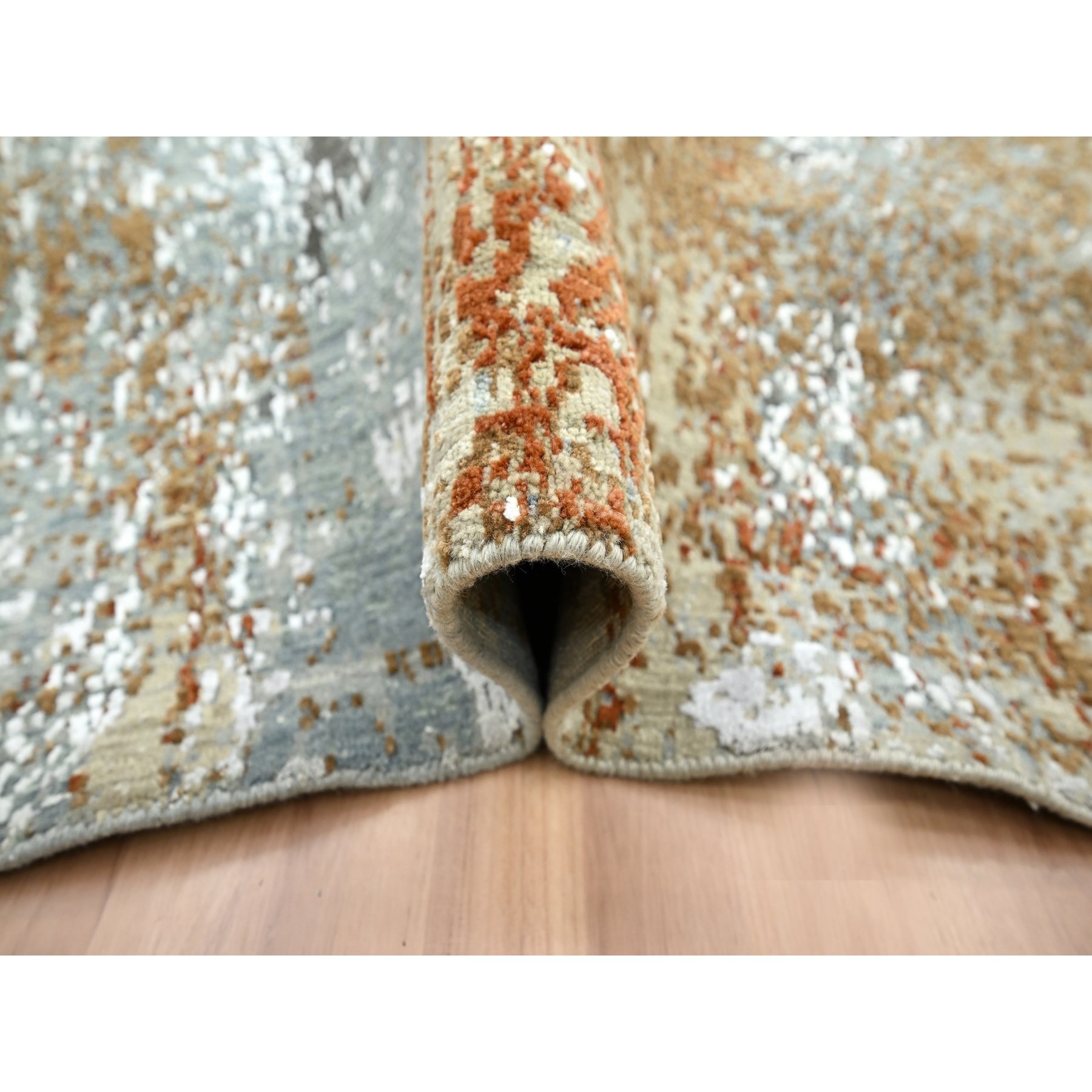 6'1"x9'1" Misty Gray with Brown, Persian Knot, Abstract with Galaxy Design, 100% Wool, Hand Knotted, Densely Woven, Oriental Rug Sh83163