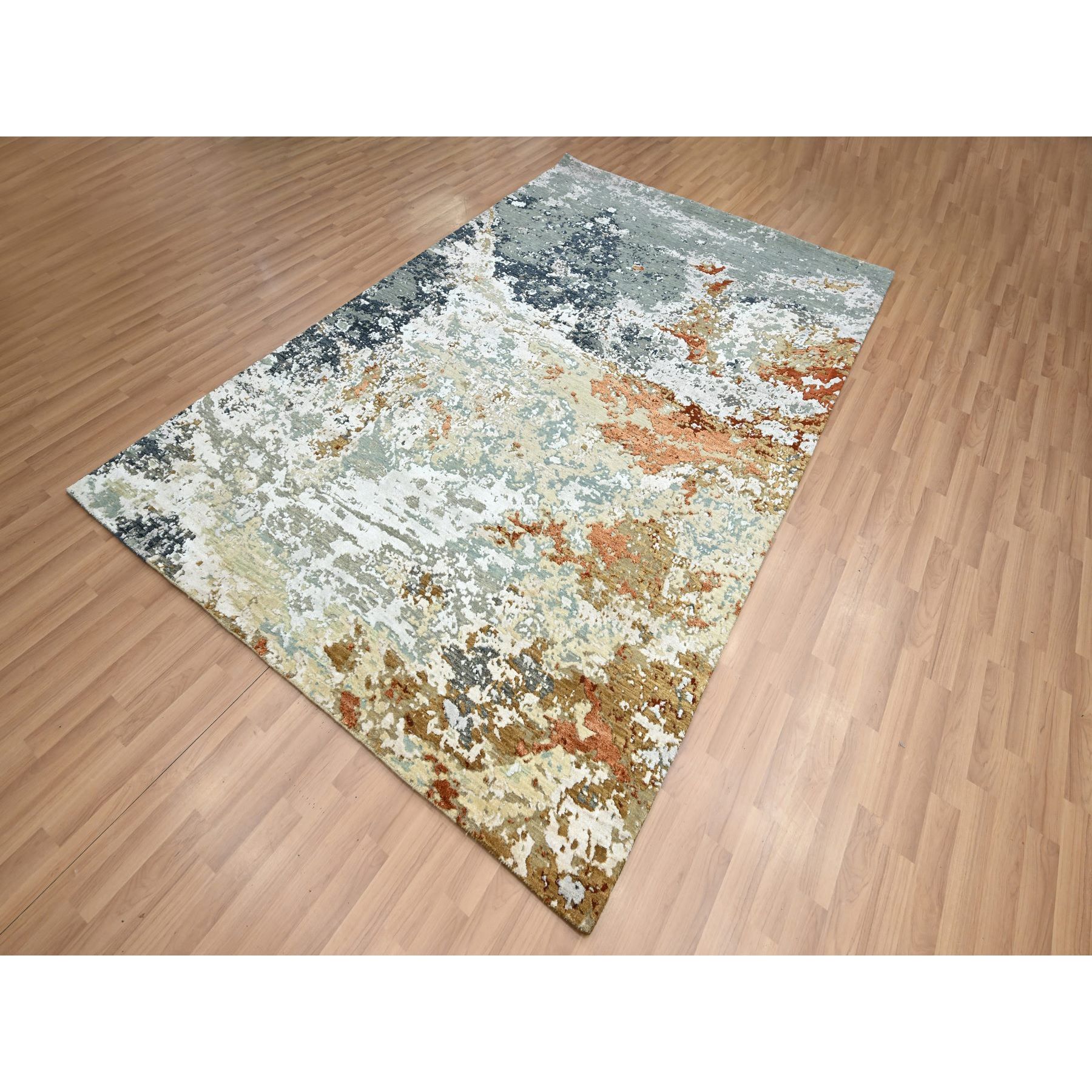 6'x9'3" Mineral Blue with Beige, Persian Knot, Abstract with Galaxy Design, Pure Wool, Hand Knotted, Densely Woven, Oriental Rug Sh83164