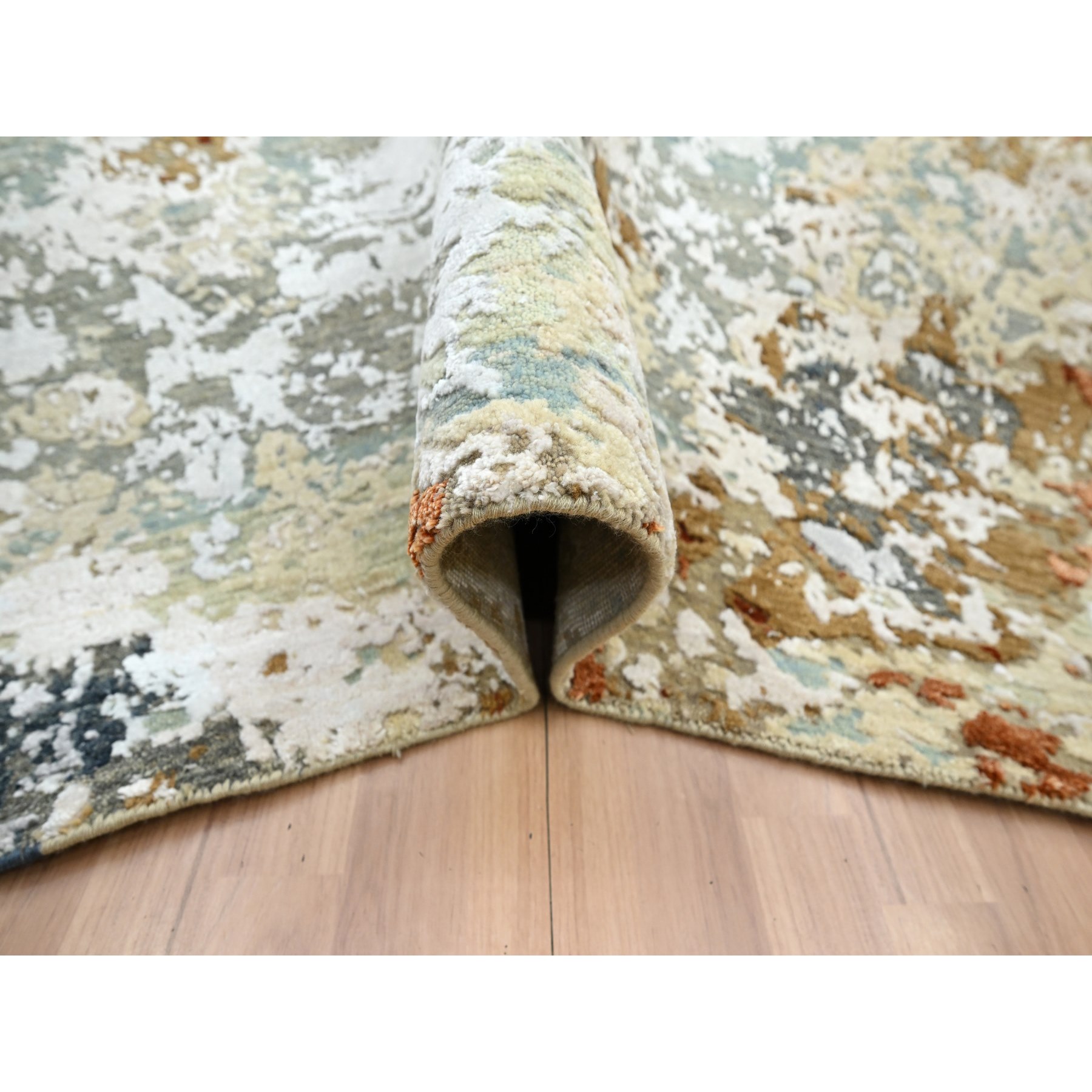 6'x9'3" Mineral Blue with Beige, Persian Knot, Abstract with Galaxy Design, Pure Wool, Hand Knotted, Densely Woven, Oriental Rug Sh83164