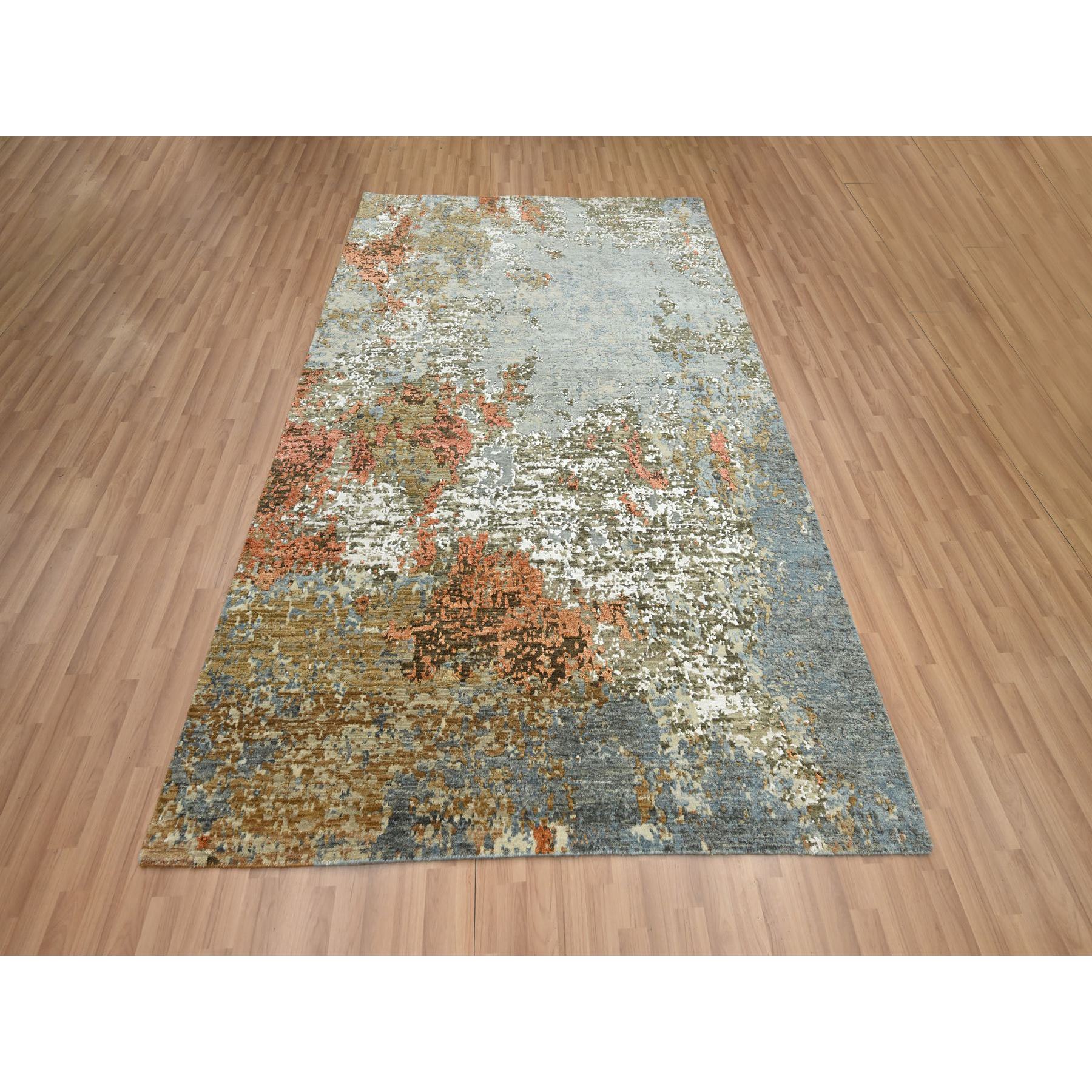 6'1"x9'2" Misty Gray with Rust, Persian Knot, Abstract with Galaxy Design, 100% Wool, Hand Knotted, Densely Woven, Oriental Rug Sh83166
