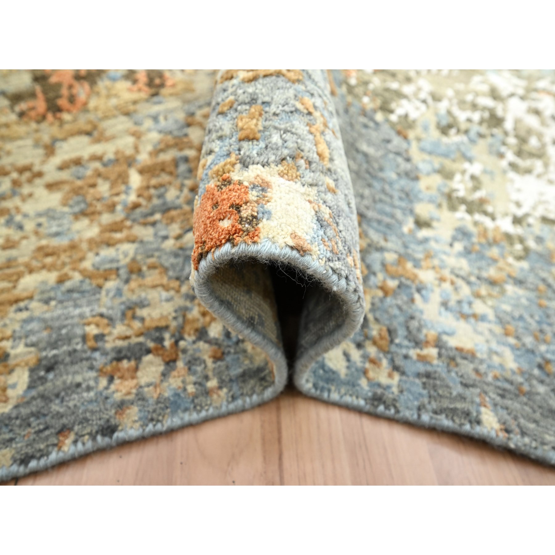 6'1"x9'2" Misty Gray with Rust, Persian Knot, Abstract with Galaxy Design, 100% Wool, Hand Knotted, Densely Woven, Oriental Rug Sh83166
