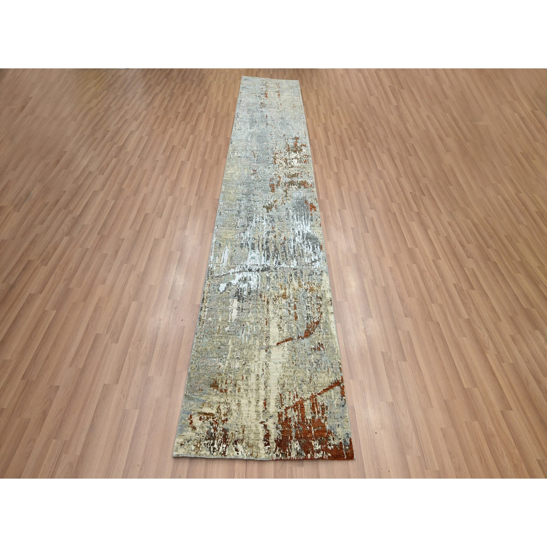 2'7"x13' Nevada Gray with Beige, 100% Wool, Abstract with Galaxy Design, Persian Knot, Hand Knotted, Densely Woven, Runner, Oriental Rug Sh83167