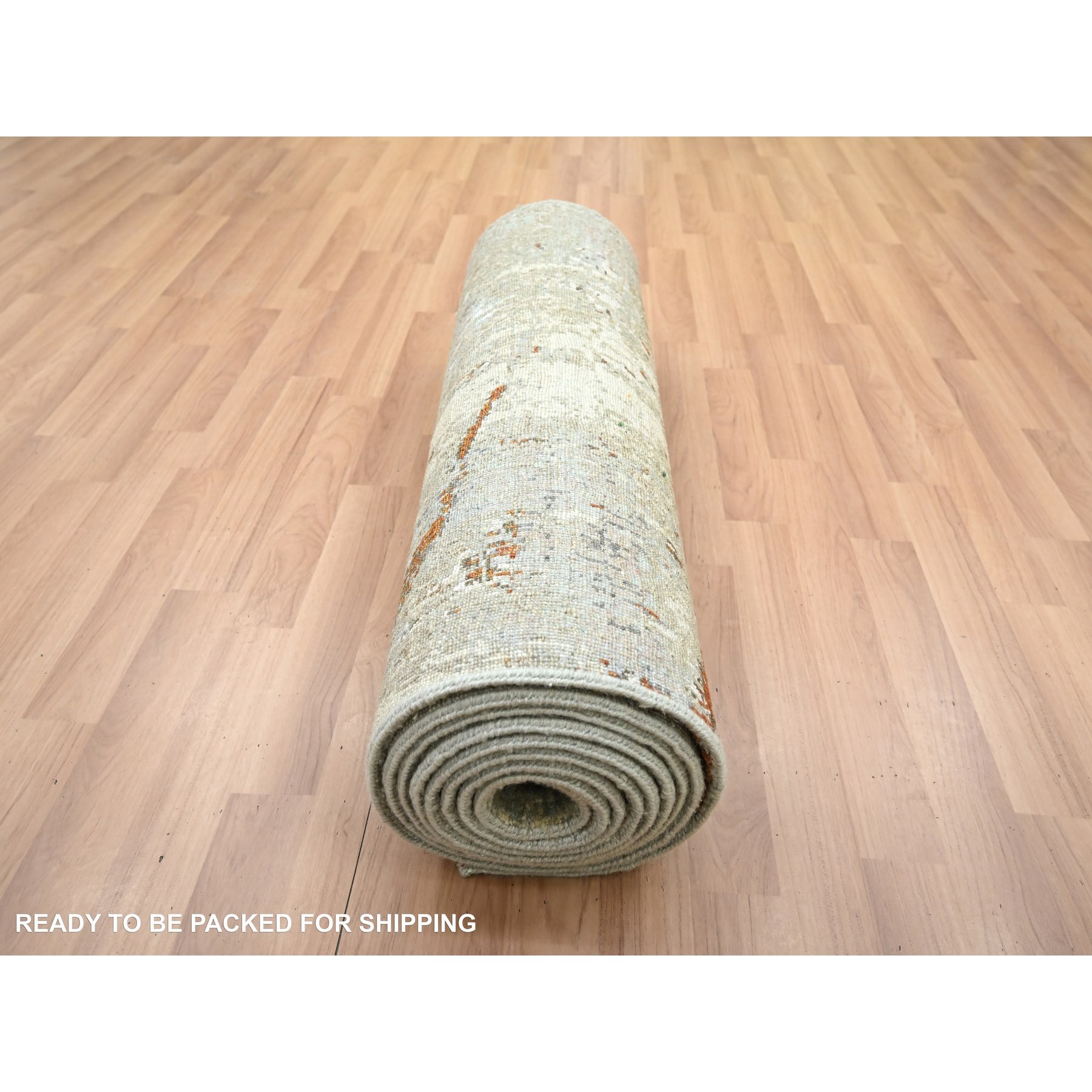 2'7"x13' Nevada Gray with Beige, 100% Wool, Abstract with Galaxy Design, Persian Knot, Hand Knotted, Densely Woven, Runner, Oriental Rug Sh83167