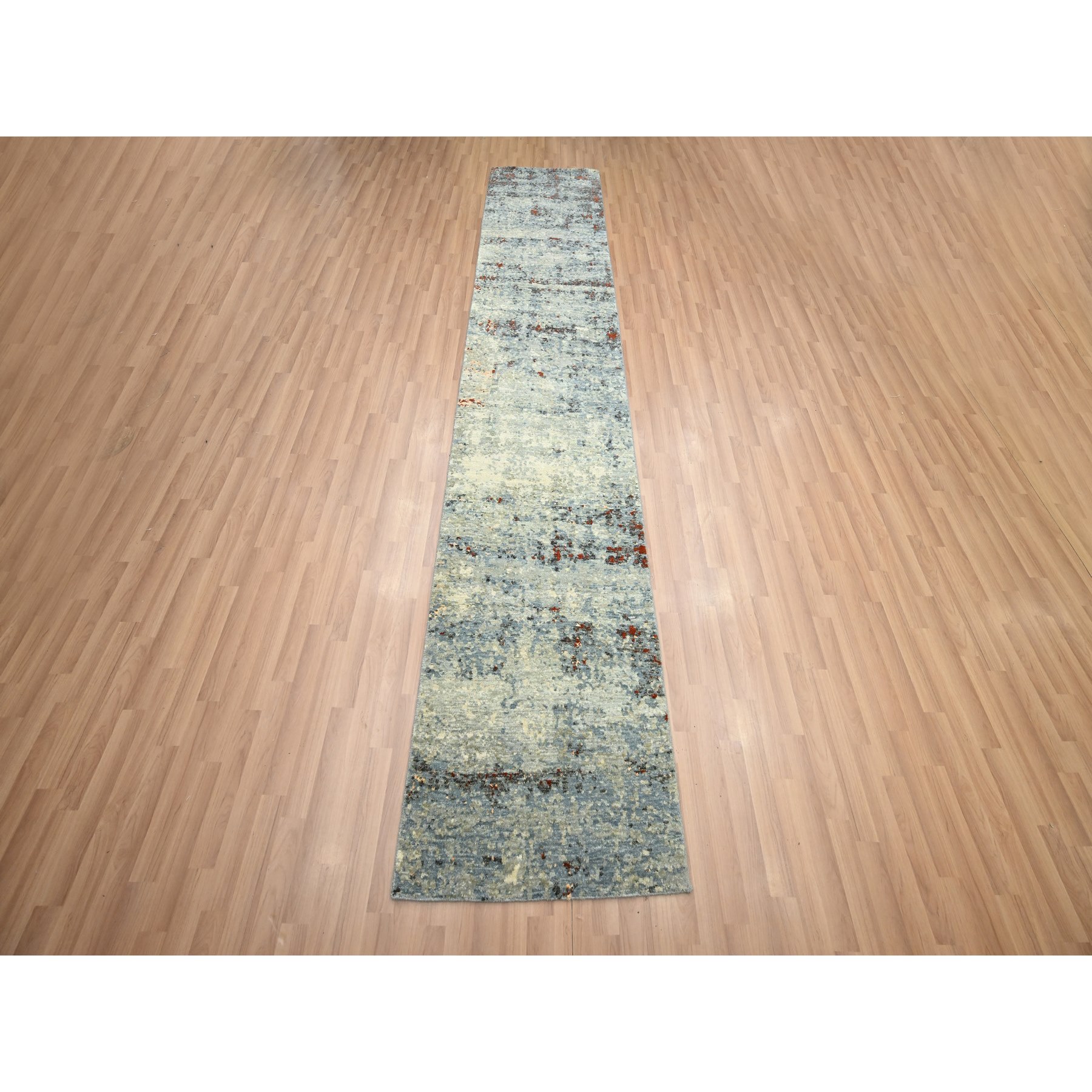 2'6"x12'2" Beige with Mineral Blue, Densely Woven, Abstract with Galaxy Design, Persian Knot, Pure Wool, Hand Knotted, Runner, Oriental Rug Sh83168