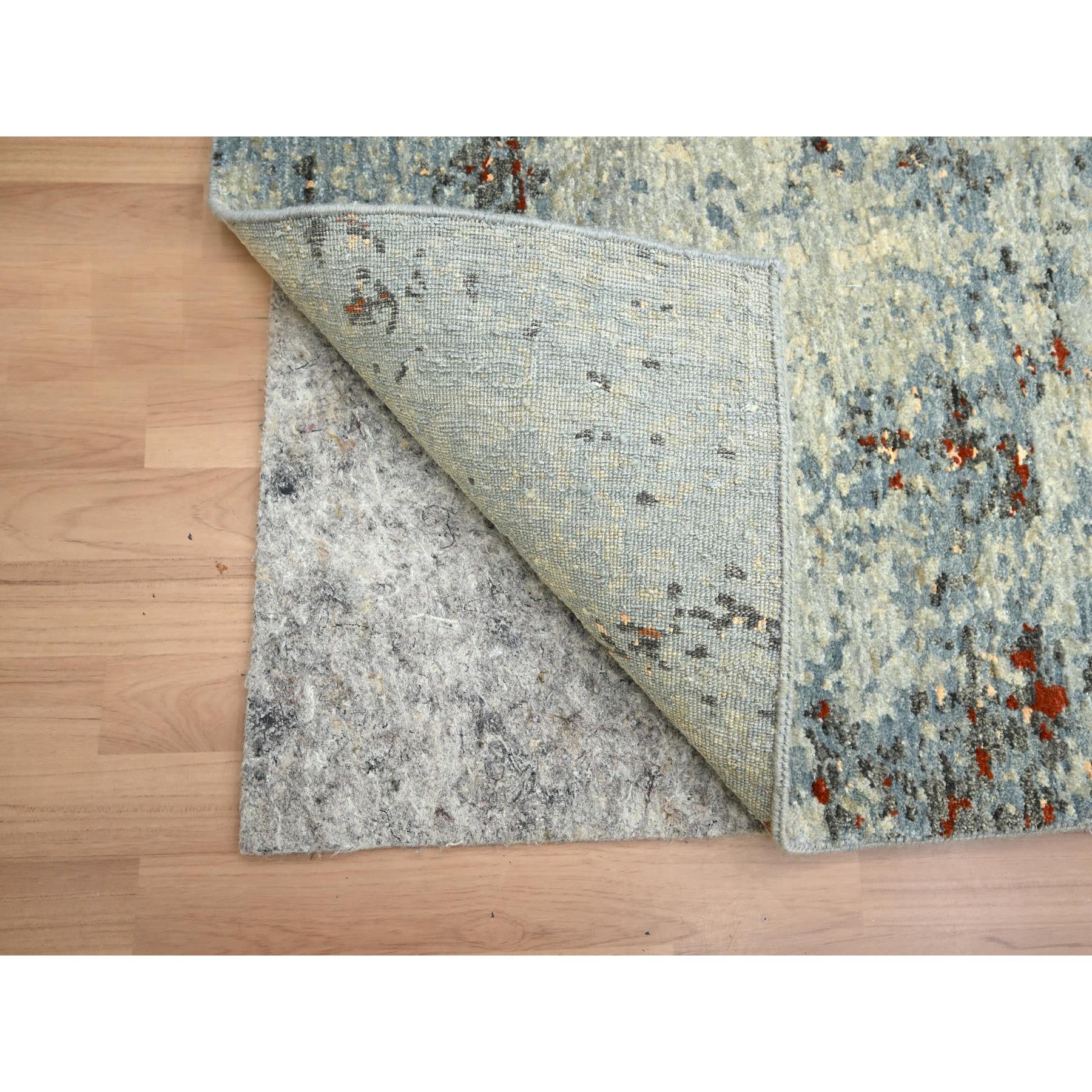 2'6"x12'2" Beige with Mineral Blue, Densely Woven, Abstract with Galaxy Design, Persian Knot, Pure Wool, Hand Knotted, Runner, Oriental Rug Sh83168