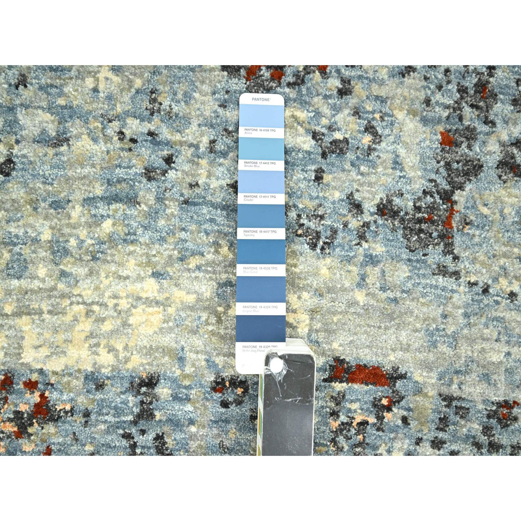 2'6"x12'2" Beige with Mineral Blue, Densely Woven, Abstract with Galaxy Design, Persian Knot, Pure Wool, Hand Knotted, Runner, Oriental Rug Sh83168