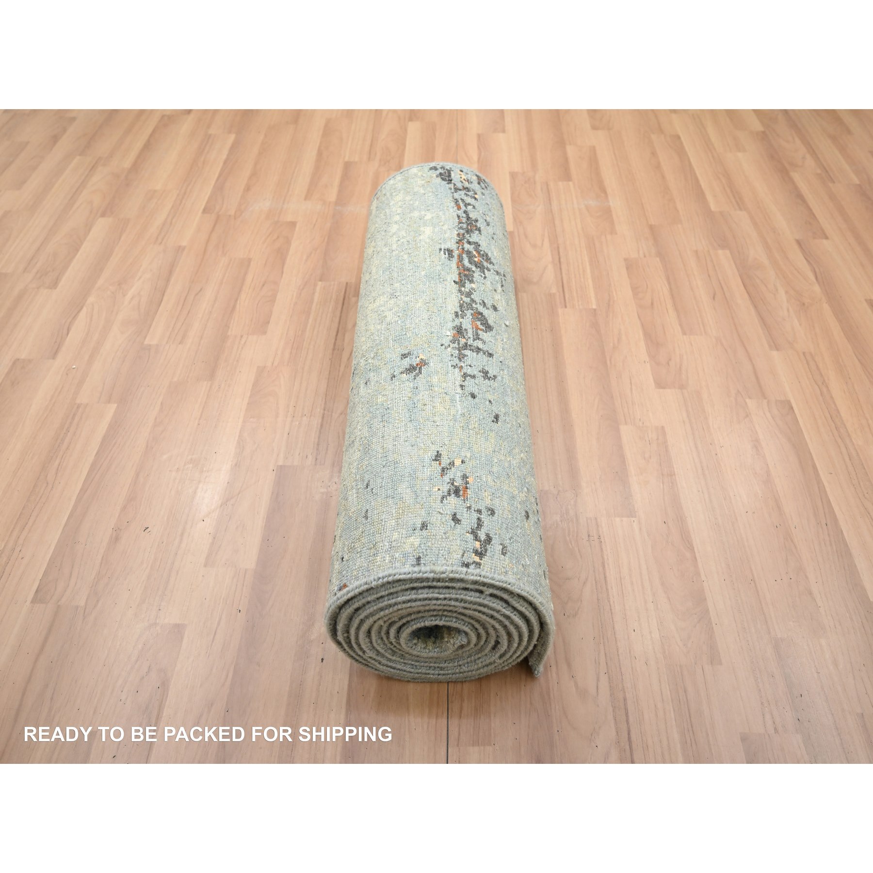 2'6"x12'2" Beige with Mineral Blue, Densely Woven, Abstract with Galaxy Design, Persian Knot, Pure Wool, Hand Knotted, Runner, Oriental Rug Sh83168