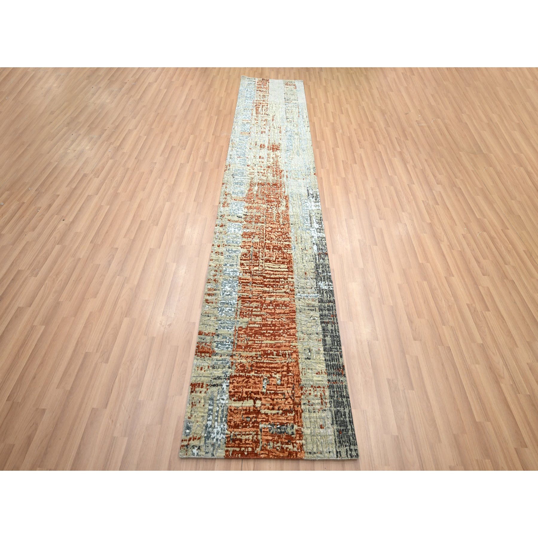 2'7"x11'10" Beige with Rust Orange, Persian Knot, Abstract with Galaxy Design, 100% Wool, Hand Knotted, Densely Woven, Runner, Oriental Rug Sh83169