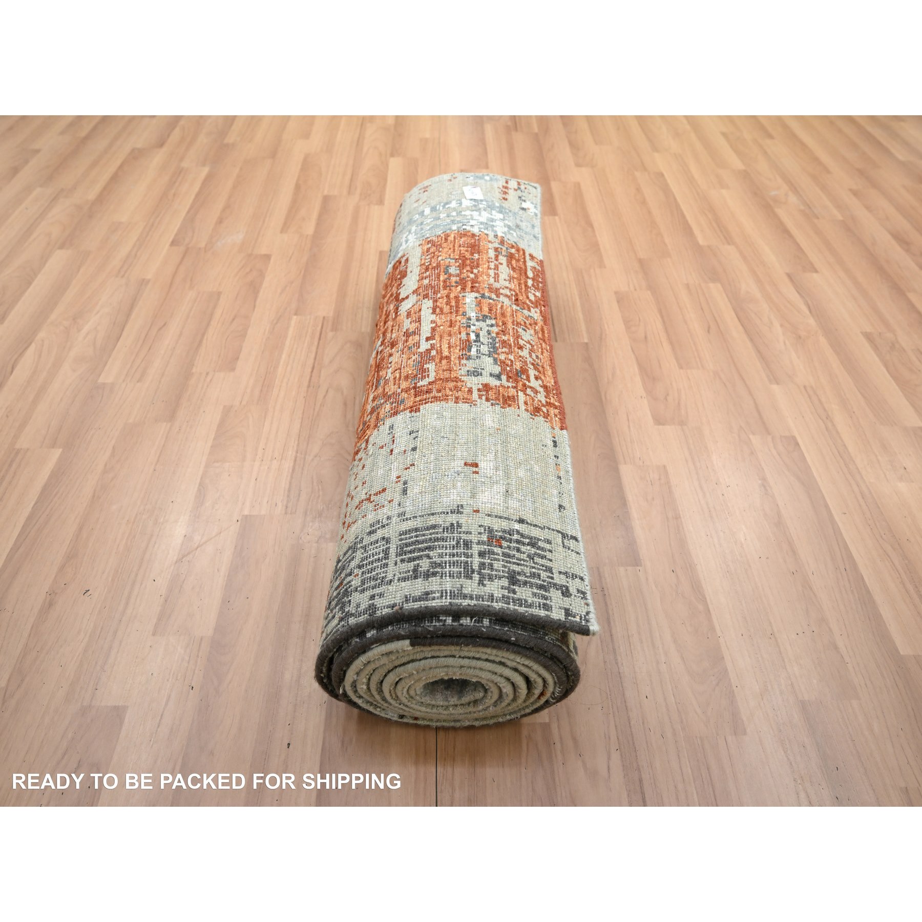 2'7"x11'10" Beige with Rust Orange, Persian Knot, Abstract with Galaxy Design, 100% Wool, Hand Knotted, Densely Woven, Runner, Oriental Rug Sh83169
