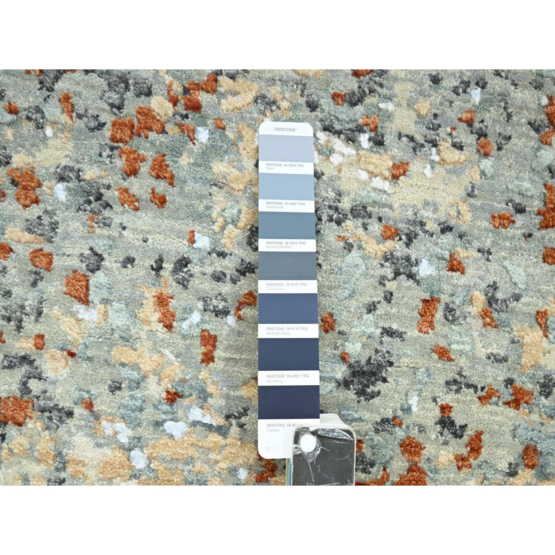 2'7"x12'1" Misty Gray with Rust, Abstract with Galaxy Design, Persian Knot, Densely Woven, 100% Wool, Hand Knotted, Runner, Oriental Rug Sh83170