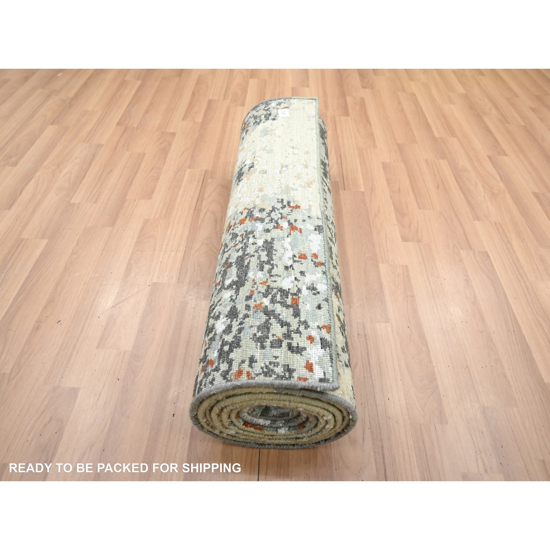 2'7"x12'1" Misty Gray with Rust, Abstract with Galaxy Design, Persian Knot, Densely Woven, 100% Wool, Hand Knotted, Runner, Oriental Rug Sh83170