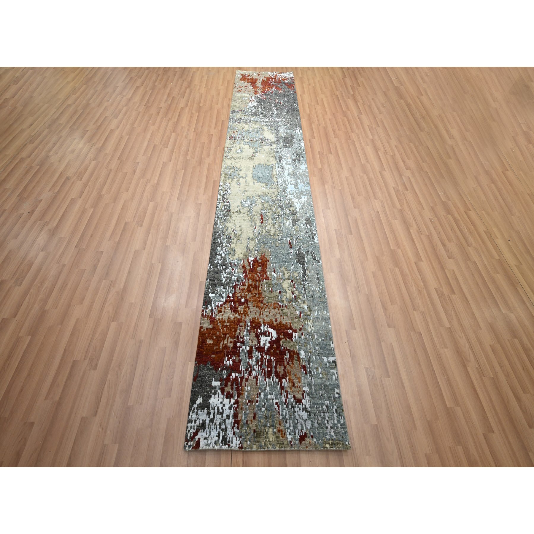 2'6"x12' Spanish Gray with Rust, Hand Knotted, Abstract with Galaxy Design, Persian Knot, Pure Wool, Densely Woven, Runner, Oriental Rug Sh83171
