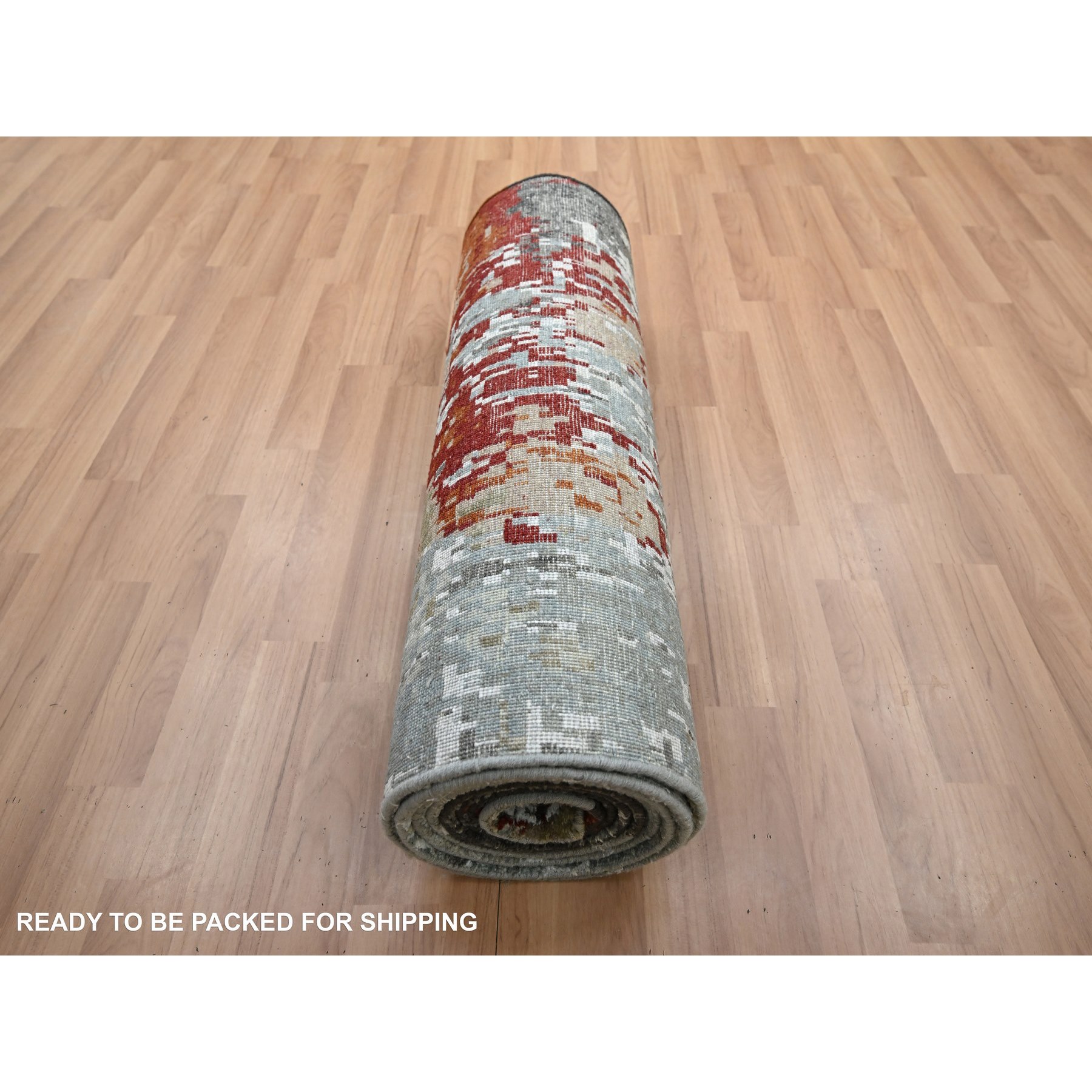 2'6"x12' Spanish Gray with Rust, Hand Knotted, Abstract with Galaxy Design, Persian Knot, Pure Wool, Densely Woven, Runner, Oriental Rug Sh83171
