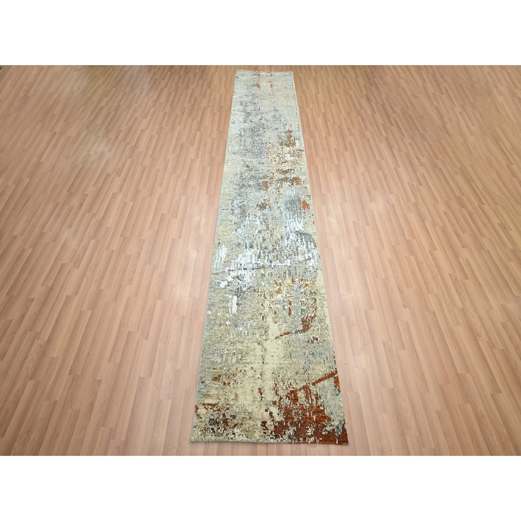 2'7"x12'6" Spanish Gray with Beige, Abstract with Galaxy Design, 100% Wool, Persian Knot, Hand Knotted, Densely Woven, Runner, Oriental Rug Sh83172