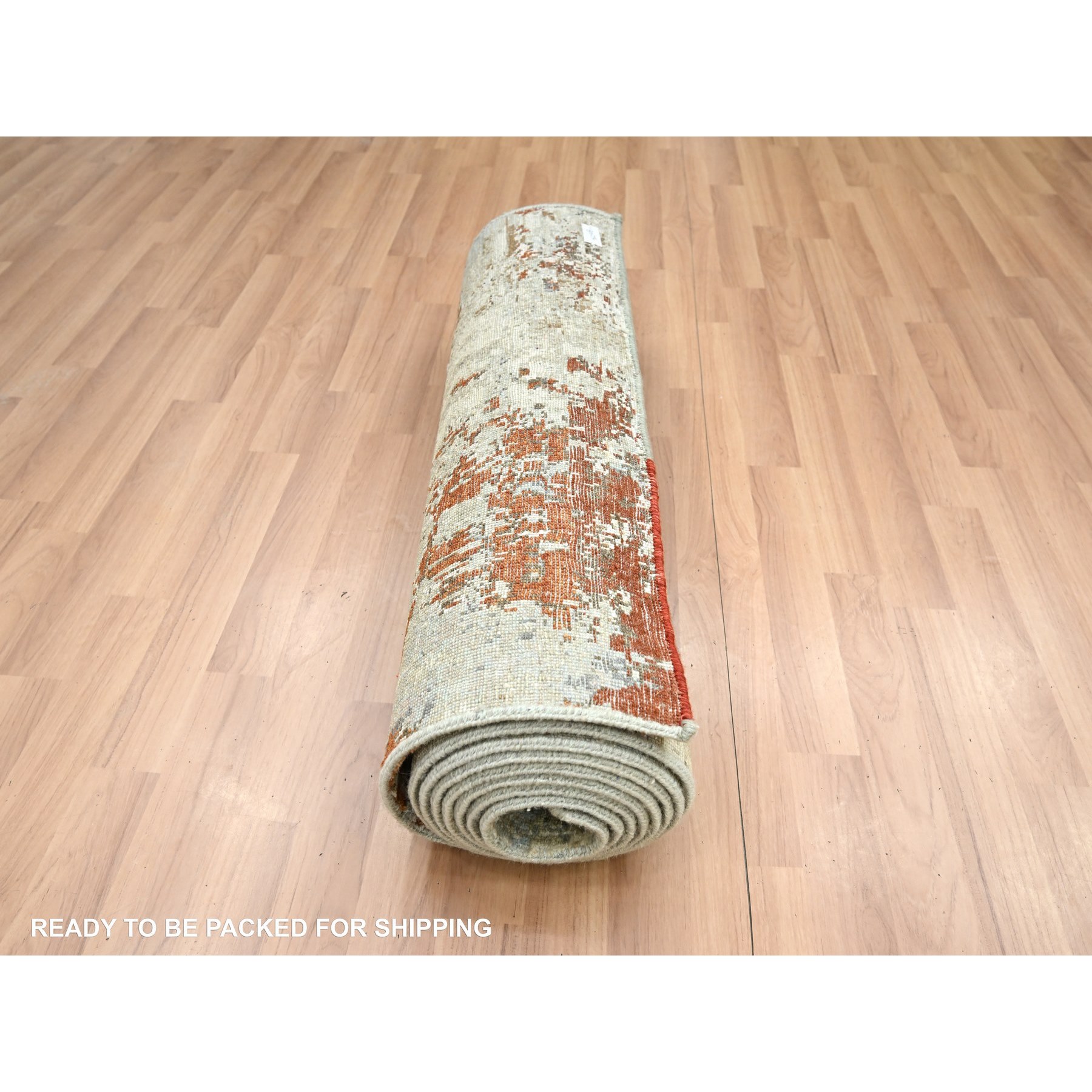 2'7"x12'6" Spanish Gray with Beige, Abstract with Galaxy Design, 100% Wool, Persian Knot, Hand Knotted, Densely Woven, Runner, Oriental Rug Sh83172