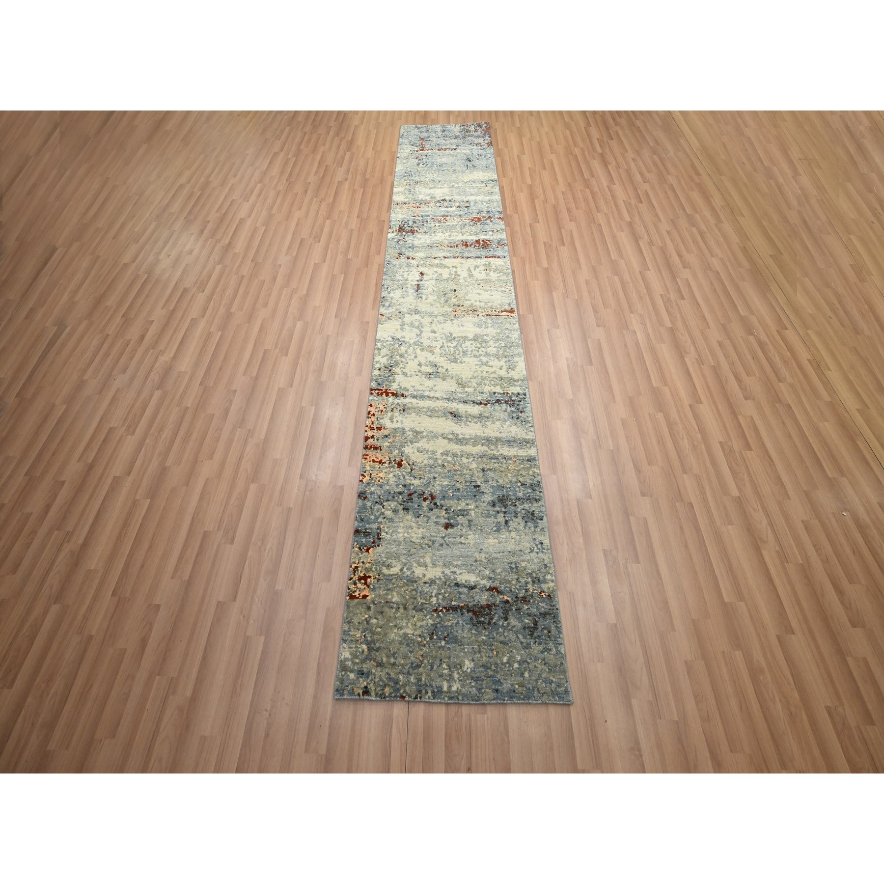 2'6"x12'2" Beige with Stone Blue, Hand Knotted, Abstract with Galaxy Design, Persian Knot, Pure Wool, Densely Woven, Runner, Oriental Rug Sh83173