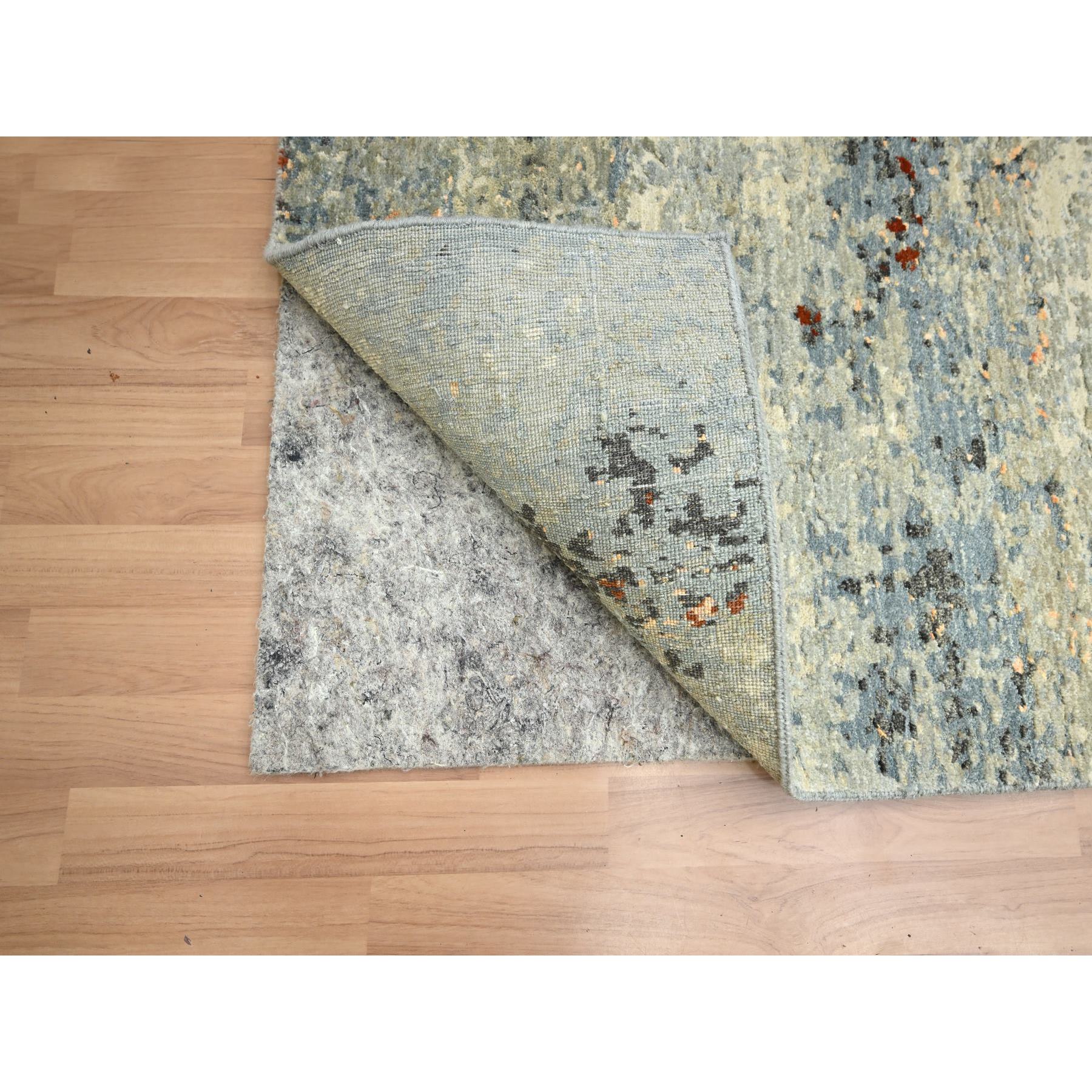 2'6"x12'2" Beige with Stone Blue, Hand Knotted, Abstract with Galaxy Design, Persian Knot, Pure Wool, Densely Woven, Runner, Oriental Rug Sh83173