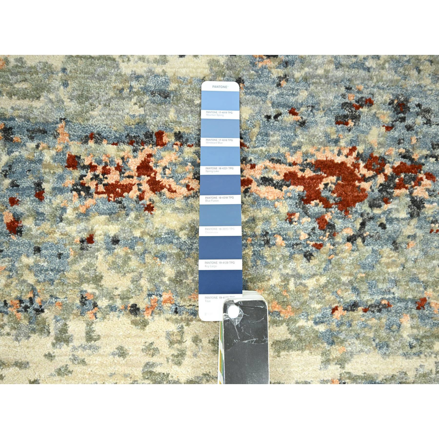 2'6"x12'2" Beige with Stone Blue, Hand Knotted, Abstract with Galaxy Design, Persian Knot, Pure Wool, Densely Woven, Runner, Oriental Rug Sh83173