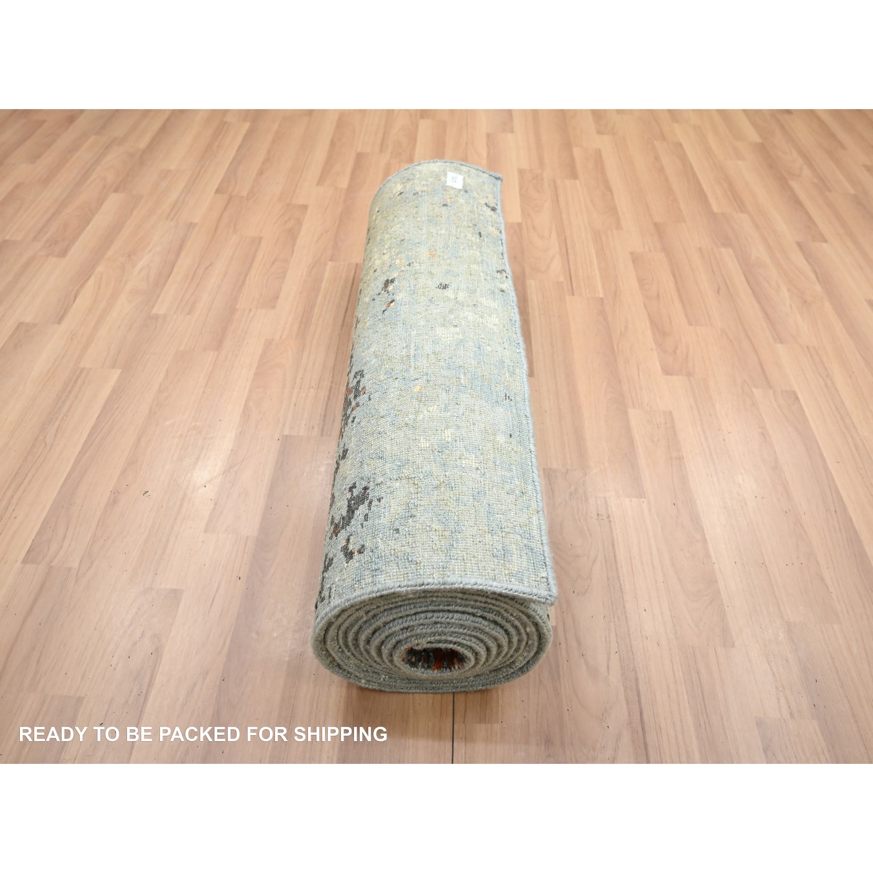 2'6"x12'2" Beige with Stone Blue, Hand Knotted, Abstract with Galaxy Design, Persian Knot, Pure Wool, Densely Woven, Runner, Oriental Rug Sh83173