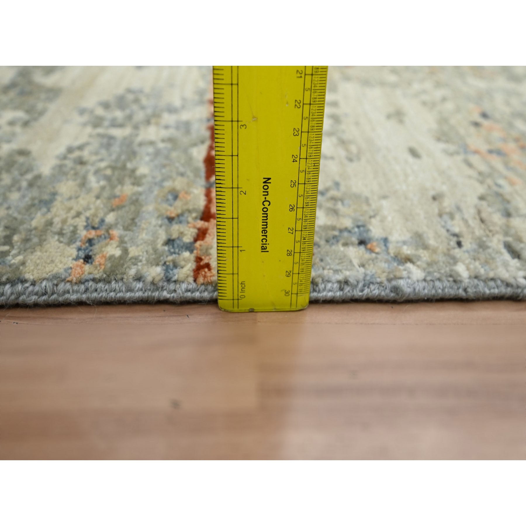 2'6"x12'2" Beige with Stone Blue, Hand Knotted, Abstract with Galaxy Design, Persian Knot, Pure Wool, Densely Woven, Runner, Oriental Rug Sh83173