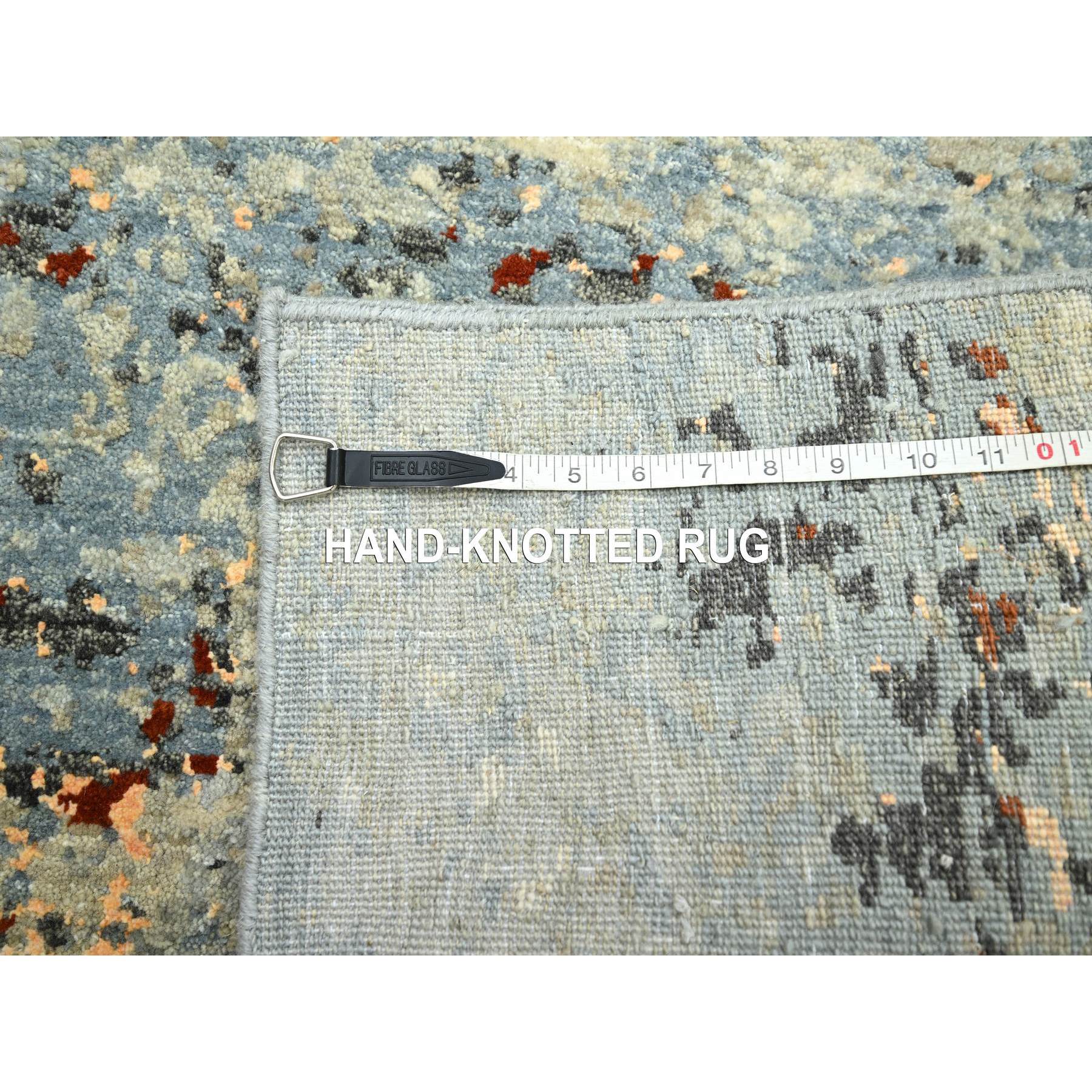 2'6"x12'2" Beige with Stone Blue, Hand Knotted, Abstract with Galaxy Design, Persian Knot, Pure Wool, Densely Woven, Runner, Oriental Rug Sh83173