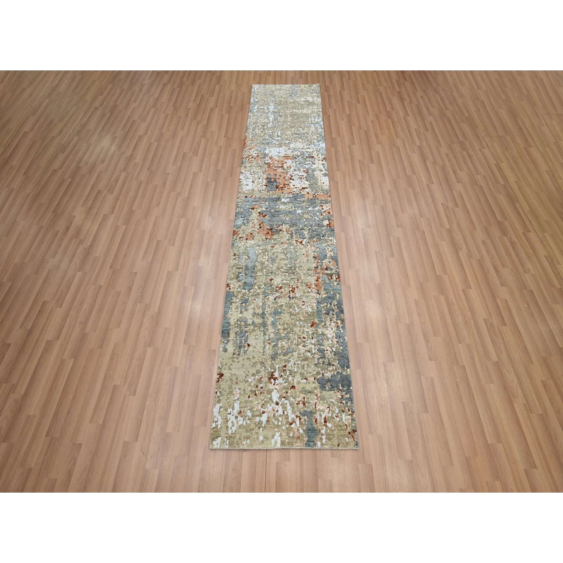 2'5"x10' Marengo Gray with Beige, Densely Woven, Abstract with Galaxy Design, Persian Knot, 100% Wool, Hand Knotted, Runner, Oriental Rug Sh83175