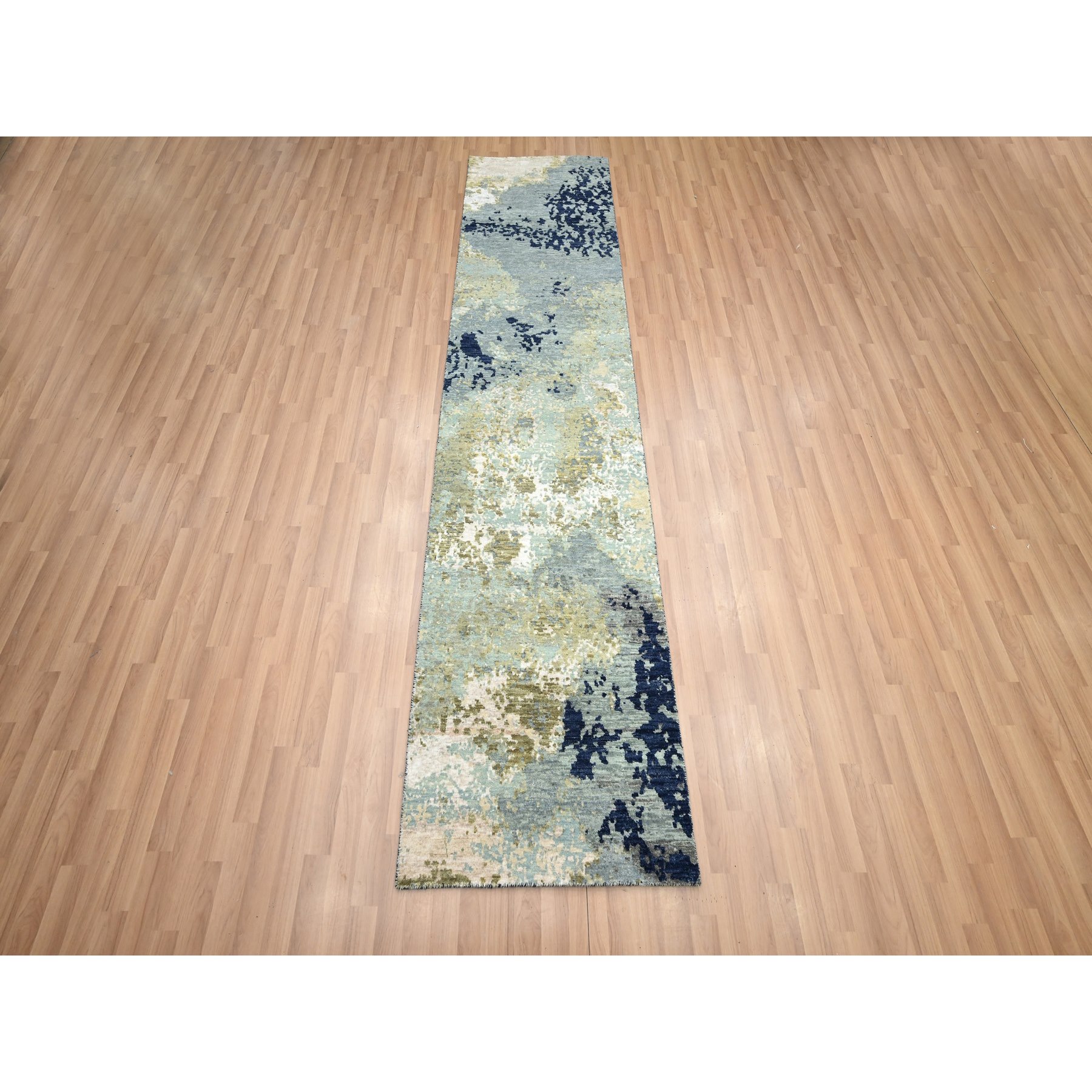 2'6"x10' Misty Gray with Beige, Pure Wool, Abstract with Galaxy Design, Persian Knot, Hand Knotted, Densely Woven, Runner, Oriental Rug Sh83176