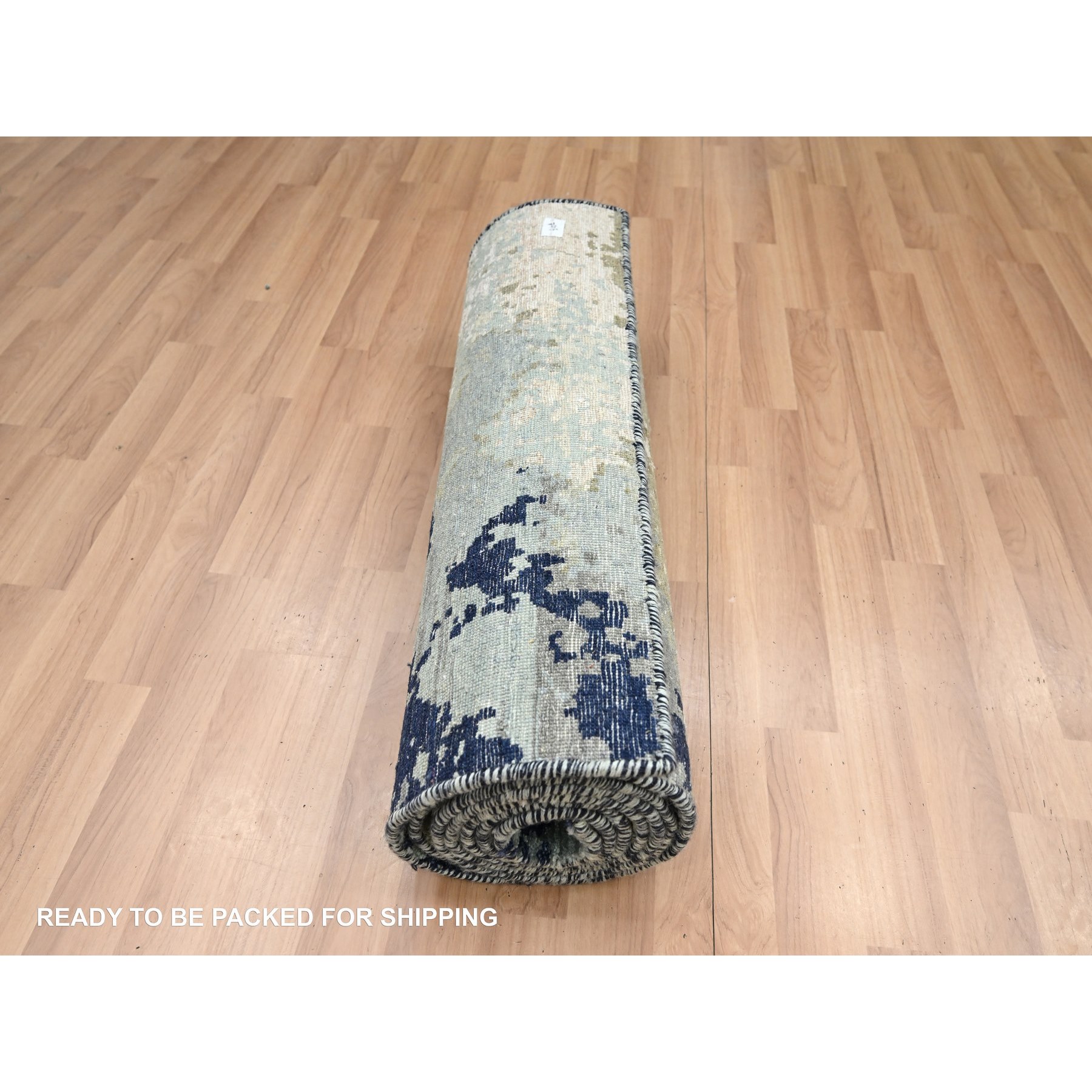 2'6"x10' Misty Gray with Beige, Pure Wool, Abstract with Galaxy Design, Persian Knot, Hand Knotted, Densely Woven, Runner, Oriental Rug Sh83176