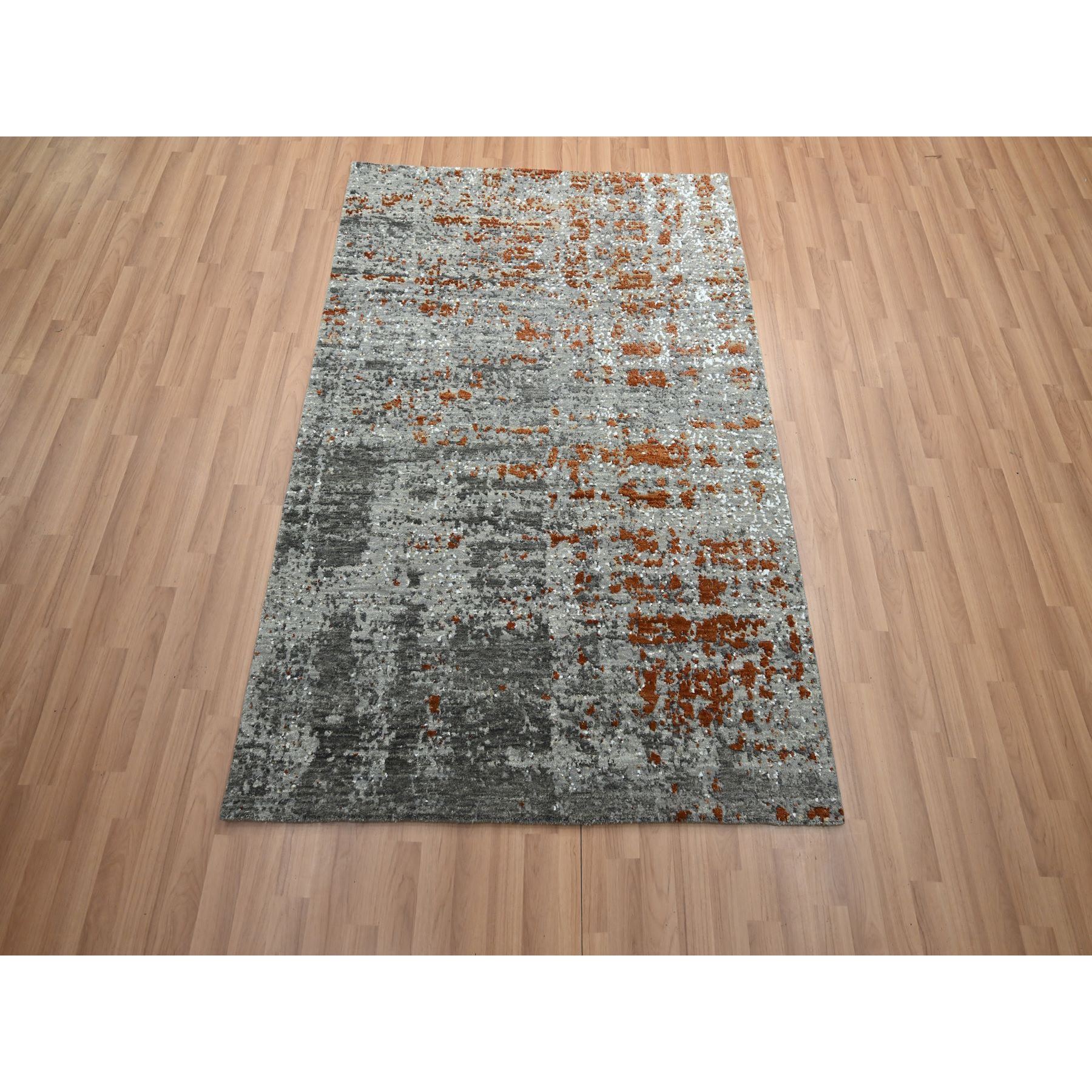 4'x5'8" Shades of Gray with Rust, Persian Knot, Abstract with Galaxy Design, 100% Wool, Hand Knotted, Densely Woven, Oriental Rug Sh83181
