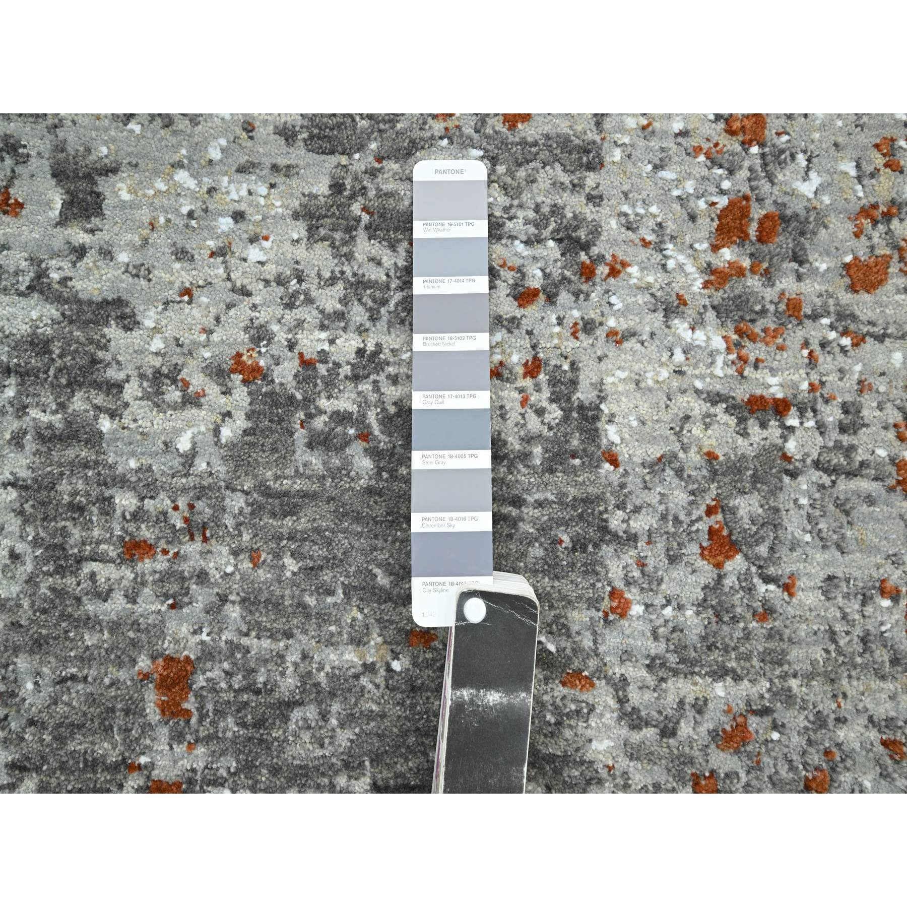 4'x5'8" Shades of Gray with Rust, Persian Knot, Abstract with Galaxy Design, 100% Wool, Hand Knotted, Densely Woven, Oriental Rug Sh83181