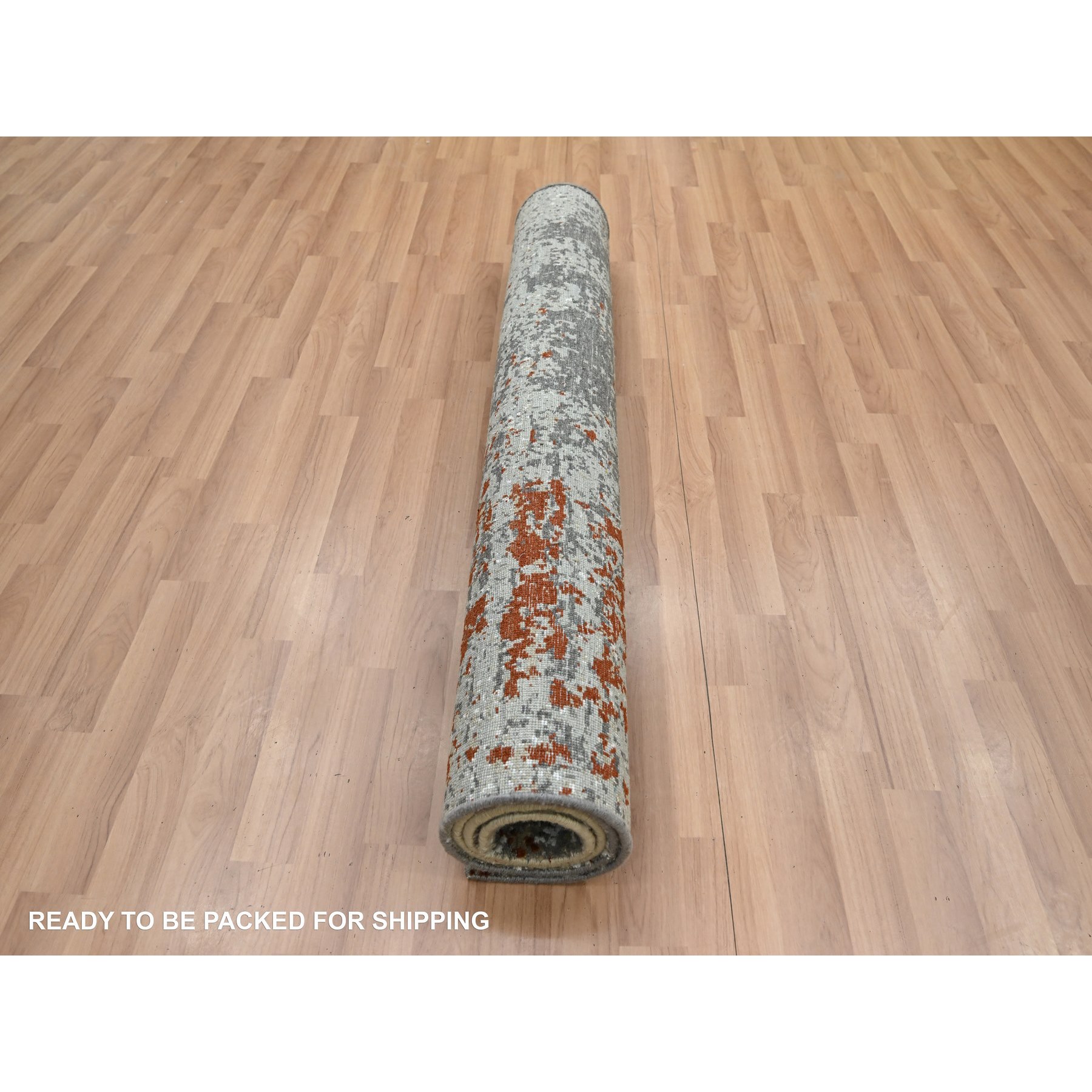 4'x5'8" Shades of Gray with Rust, Persian Knot, Abstract with Galaxy Design, 100% Wool, Hand Knotted, Densely Woven, Oriental Rug Sh83181