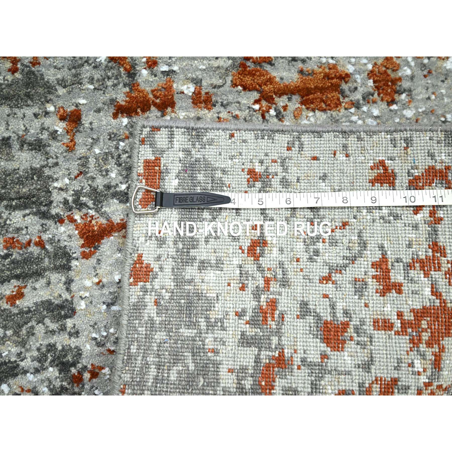 4'x5'8" Shades of Gray with Rust, Persian Knot, Abstract with Galaxy Design, 100% Wool, Hand Knotted, Densely Woven, Oriental Rug Sh83181