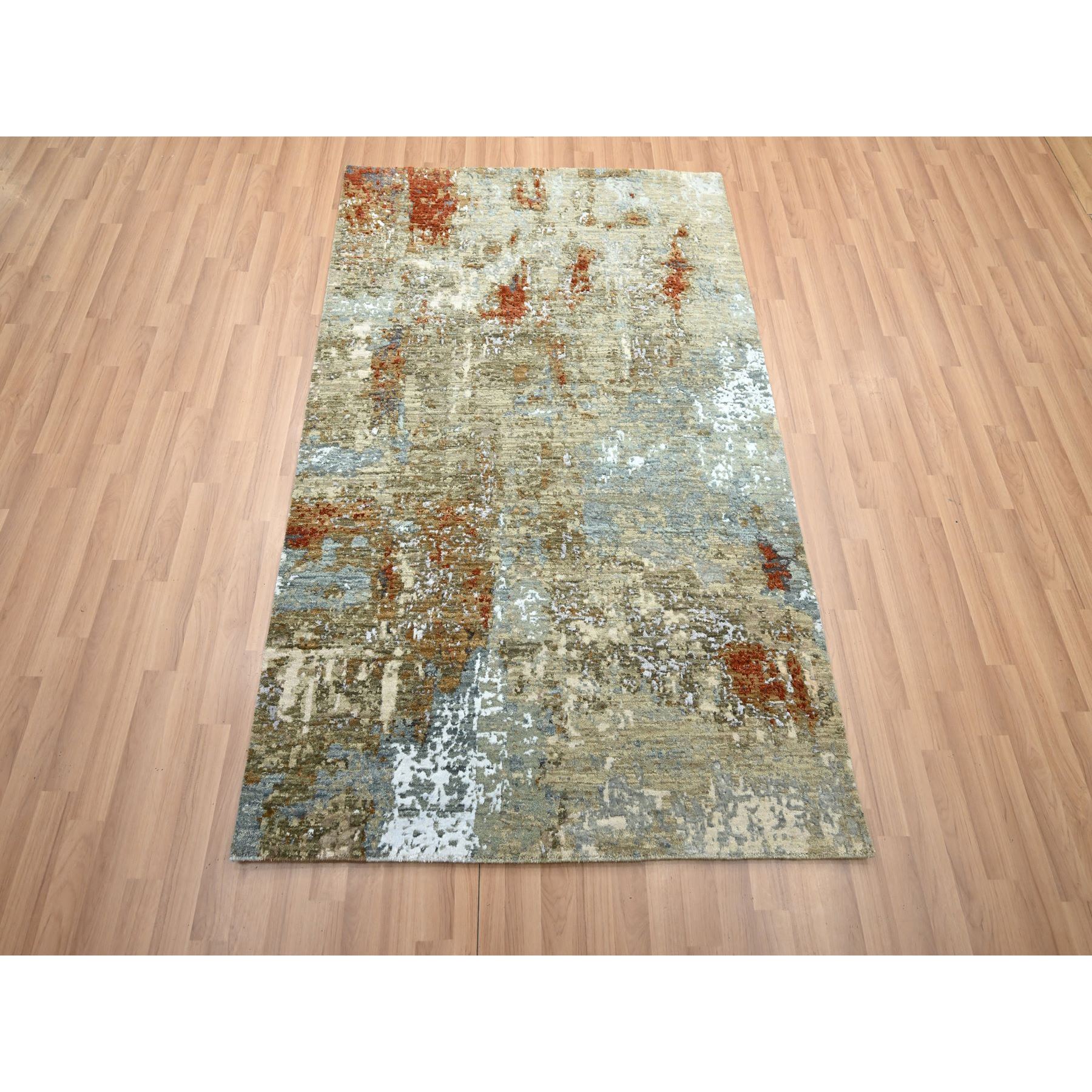 4'x6' Shades of Brown with Rust, Hand Knotted, Densely Woven, 100% Wool, Abstract with Galaxy Design, Persian Knot, Oriental Rug Sh83182